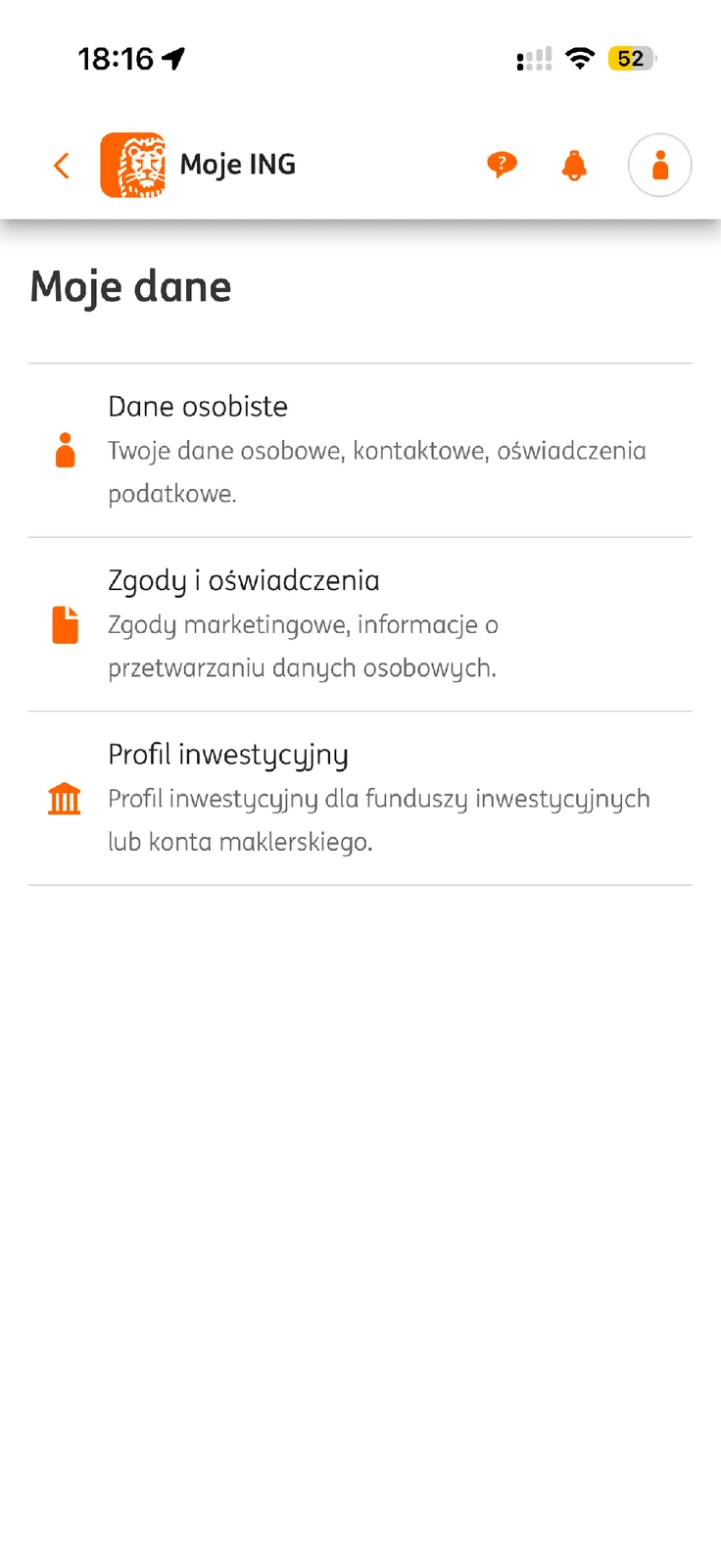 Sekcja Moje dane w ING z danymi osobistymi, zgodami i profilem inwestycyjnym