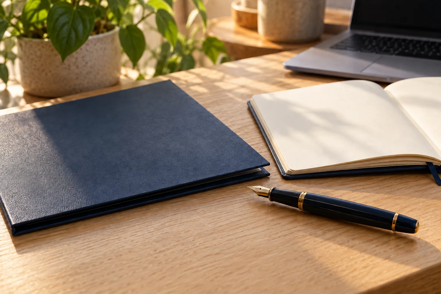 Dokumenty w teczce, otwarty notes i pióro na biurku.