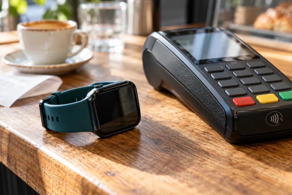 Smartwatch i terminal płatniczy na stoliku