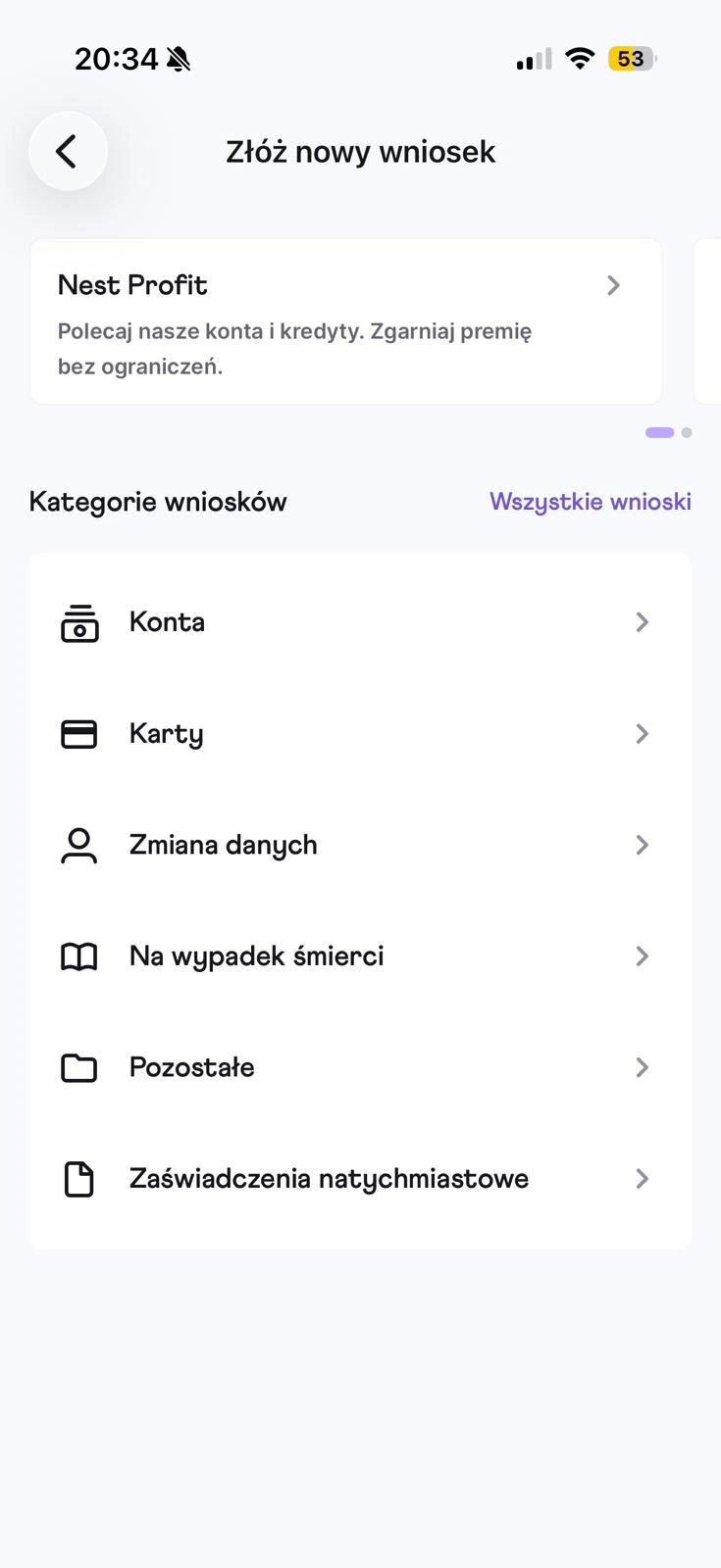 Kategorie nowych wniosków w aplikacji Nest Banku