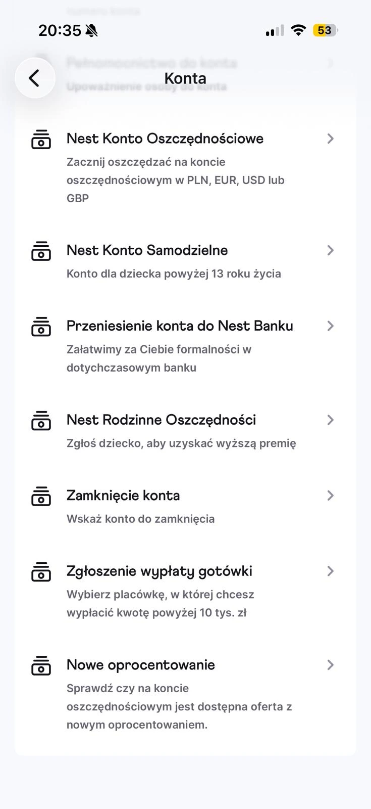Opcja Zamknięcie konta na liście wniosków Nest Banku