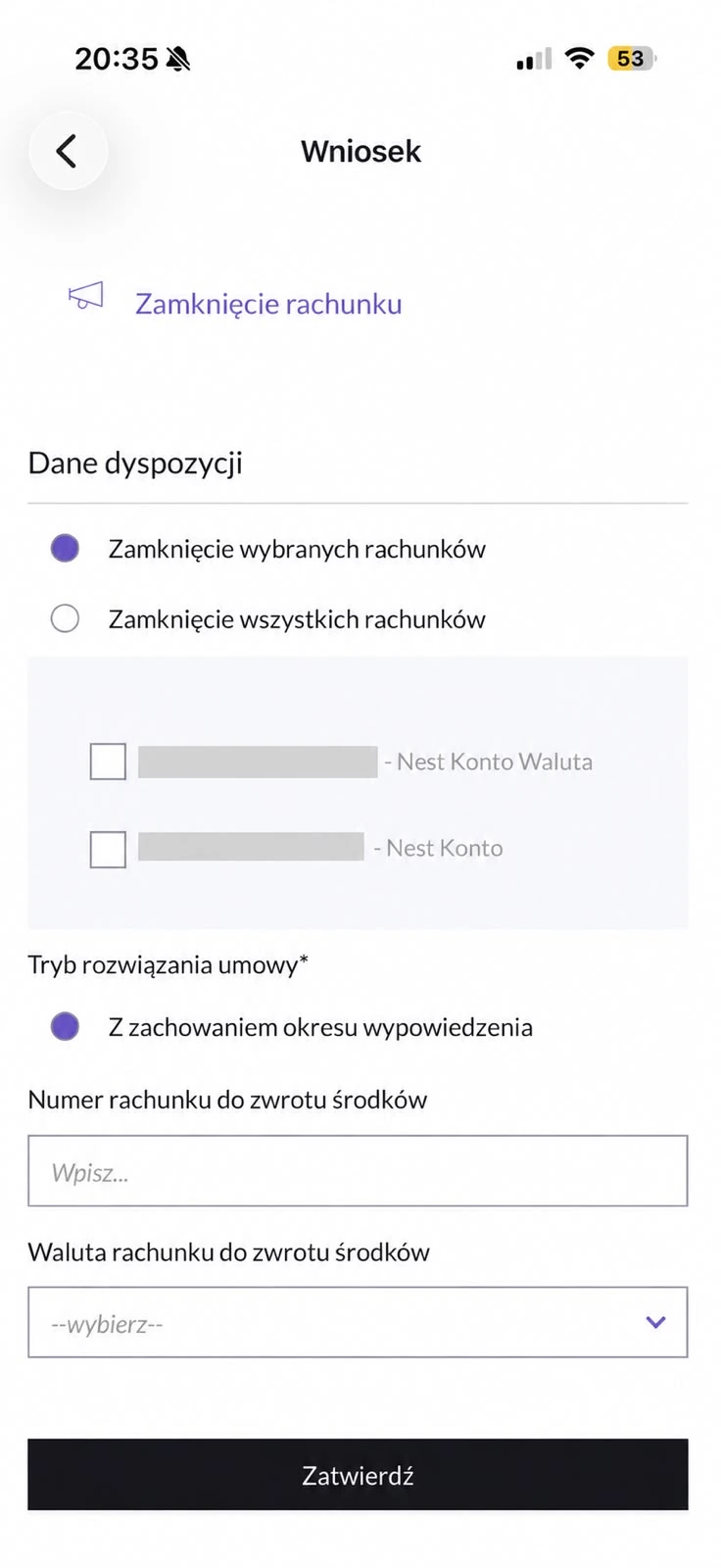 Formularz zamknięcia rachunku w aplikacji Nest Banku