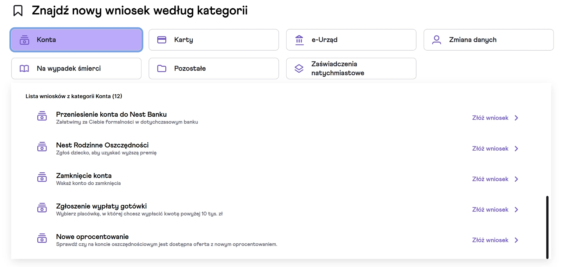 Lista wniosków z kategorii Konta w serwisie Nest Banku