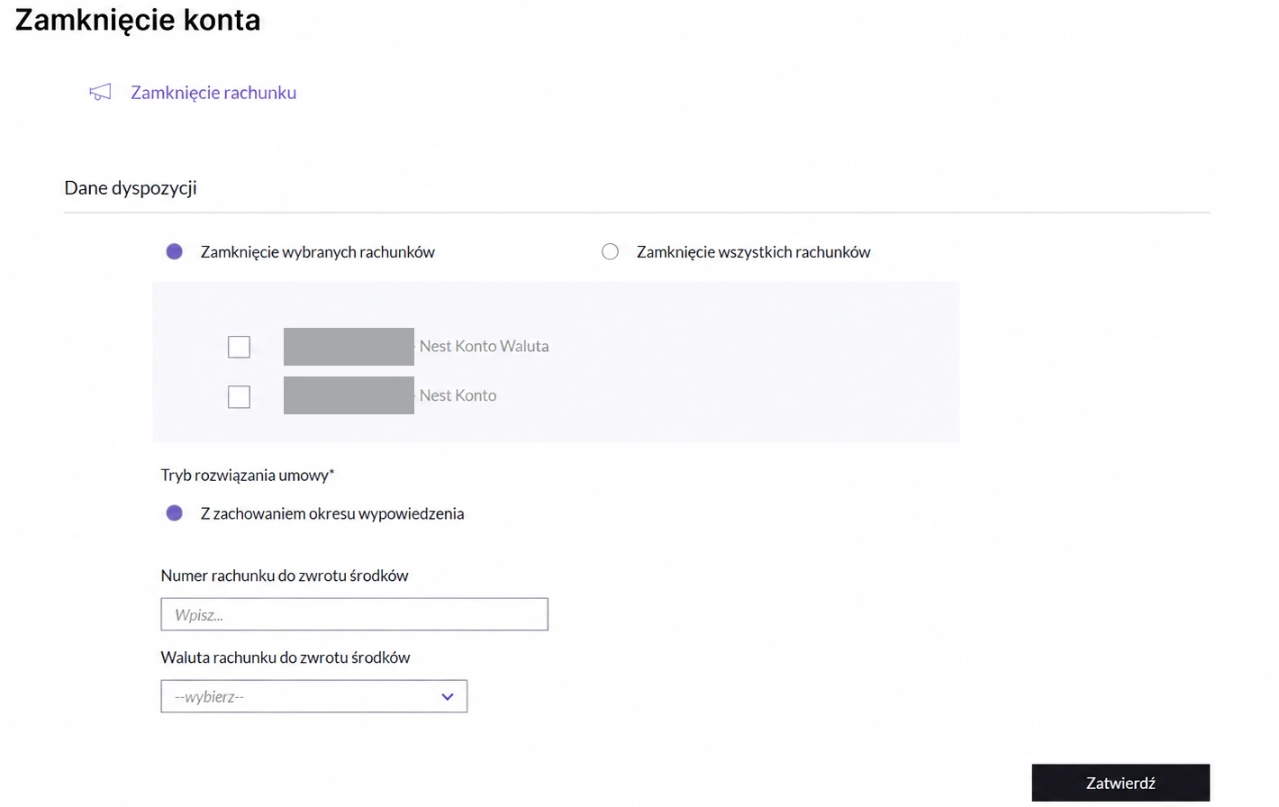 Formularz zamknięcia konta w bankowości internetowej Nest Banku