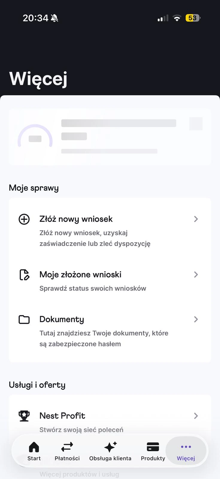 Zakładka Więcej w aplikacji Nest Banku i opcja Złóż nowy wniosek