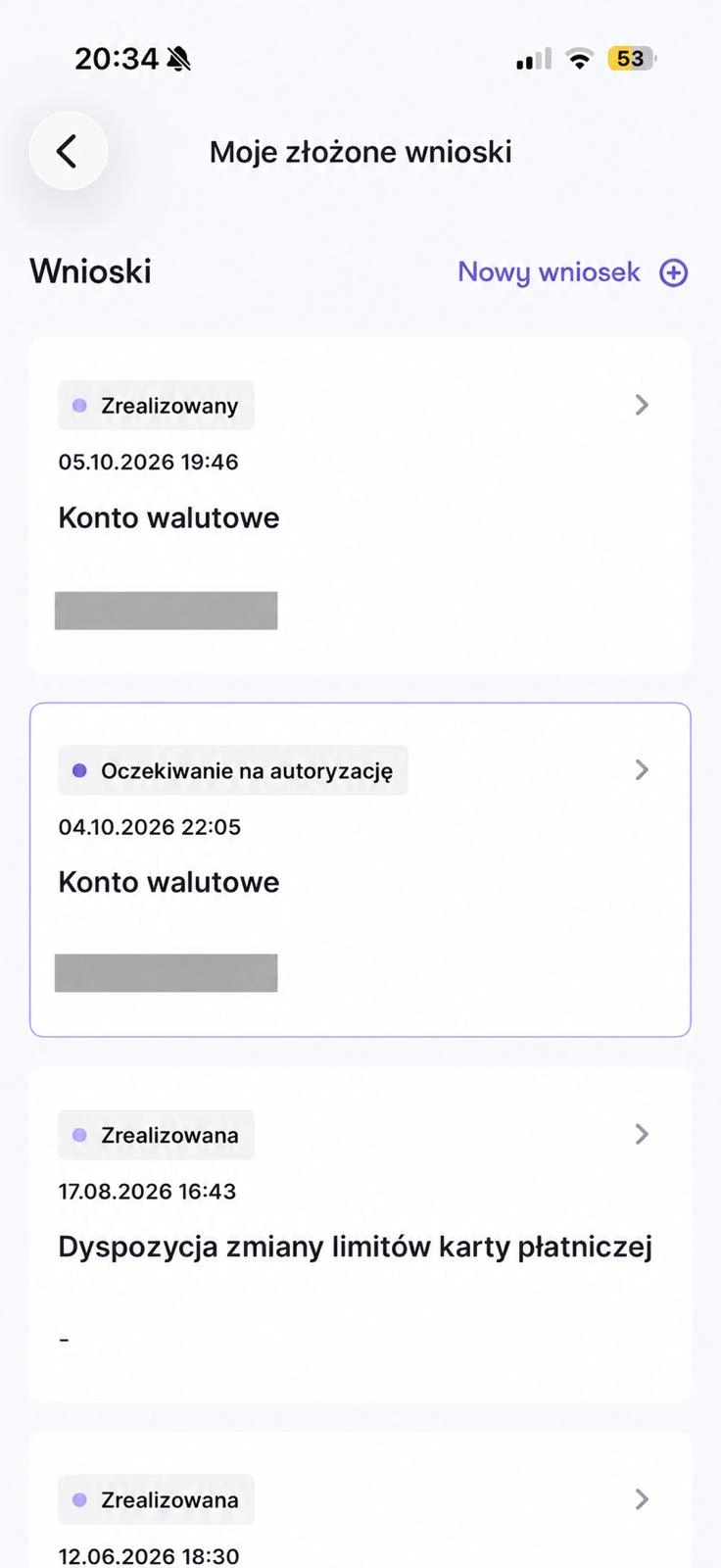 Lista złożonych wniosków i ich statusów w aplikacji Nest Banku