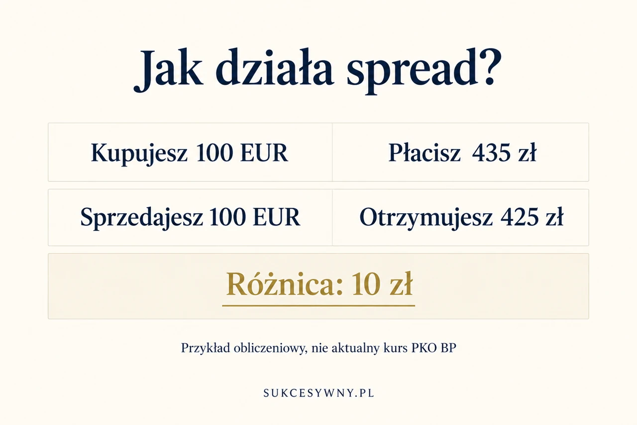 Przykład spreadu: zakup 100 euro za 435 zł i sprzedaż za 425 zł
