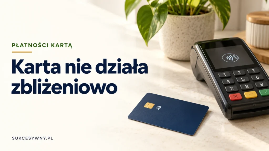 Karta płatnicza przy terminalu oraz tytuł poradnika o problemach z płatnościami zbliżeniowymi