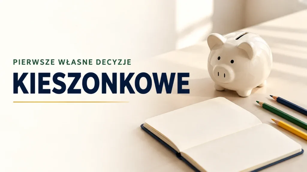 Skarbonka, otwarty notes i kredki na jasnym biurku z napisem Kieszonkowe