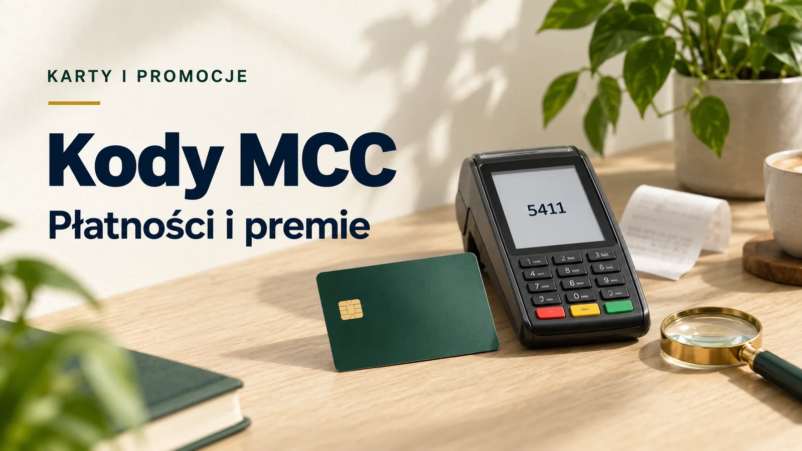 Terminal płatniczy i karta na biurku, ilustracja tematu kodów MCC.