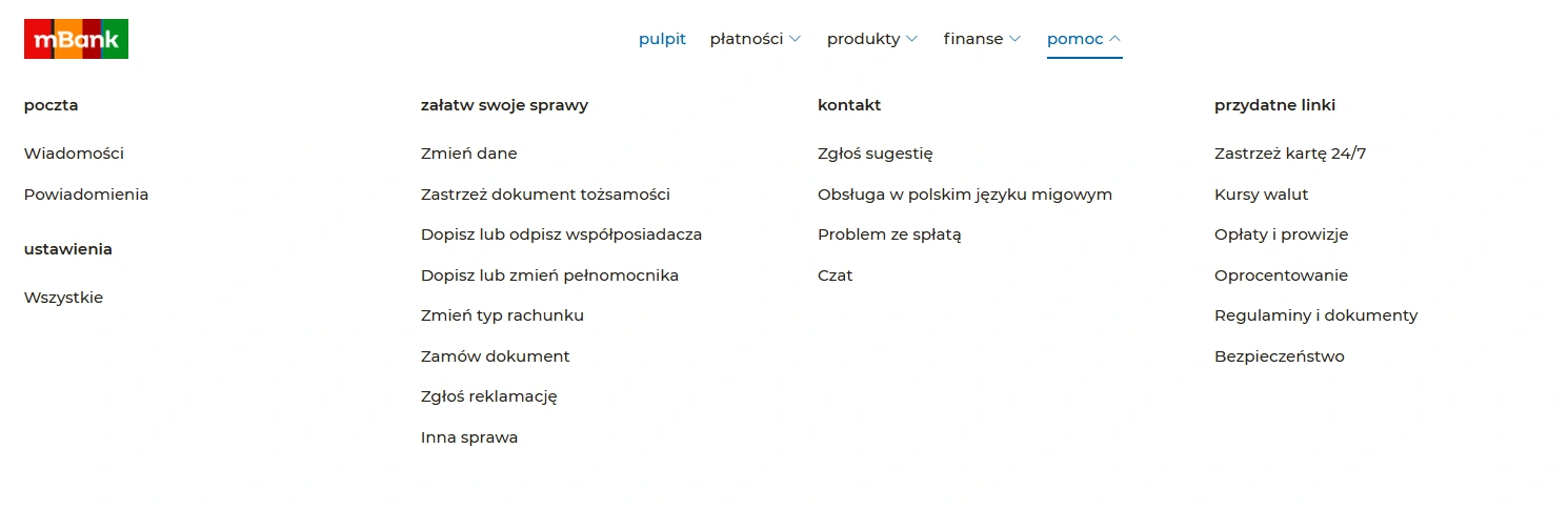 Menu Pomoc w serwisie transakcyjnym mBanku