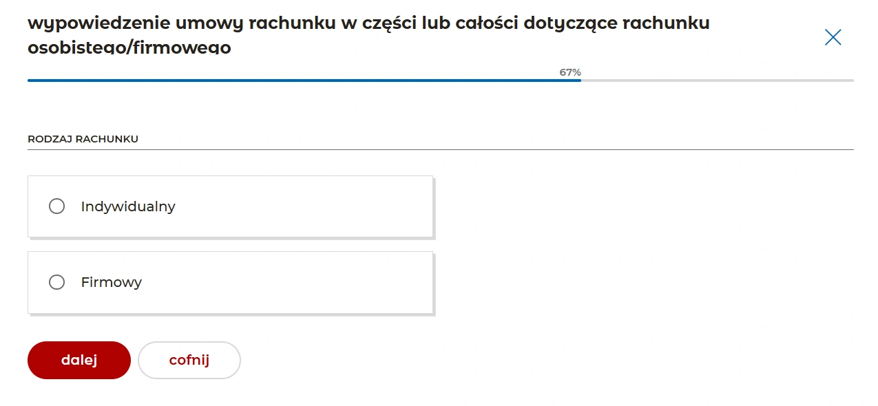 Wybór rachunku indywidualnego lub firmowego