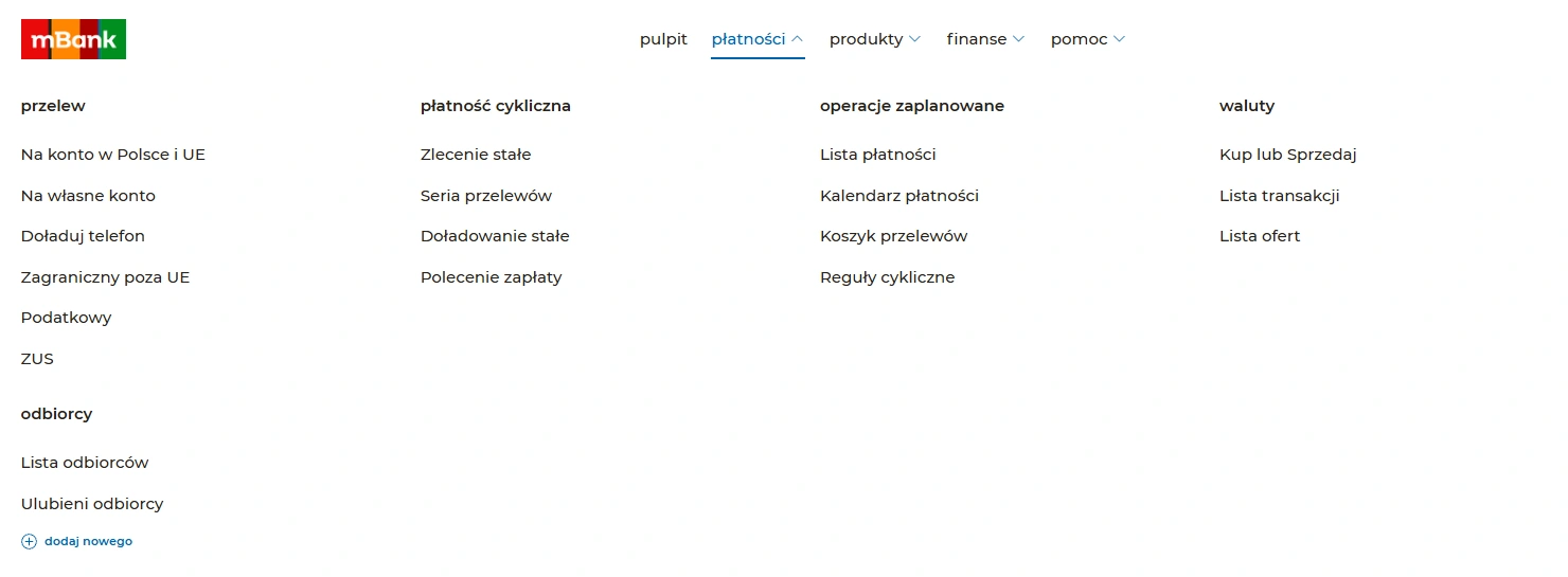 Menu przelewów w serwisie transakcyjnym mBanku