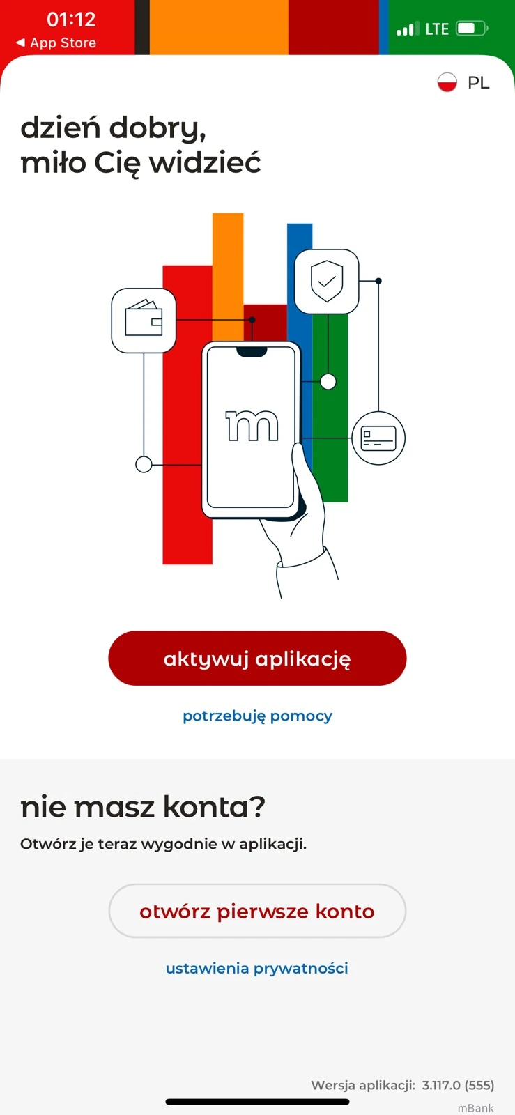 Ekran startowy aplikacji mBanku na nowym telefonie