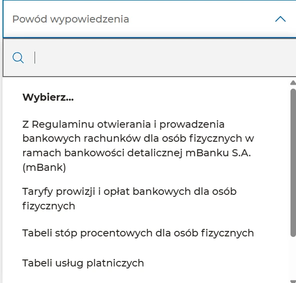 Pole powodu wypowiedzenia umowy w mBanku