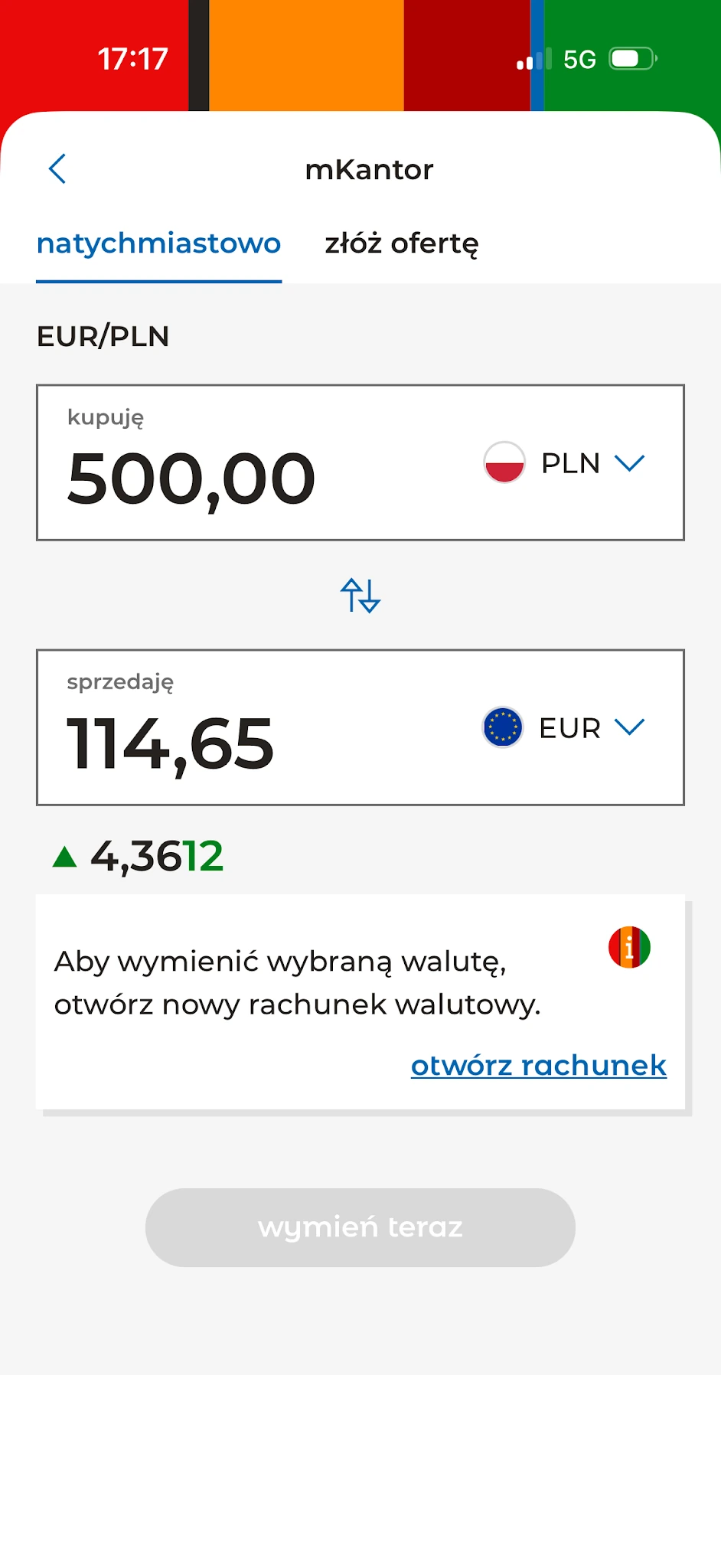 Sprzedaż euro w zamian za 500 PLN w mKantorze