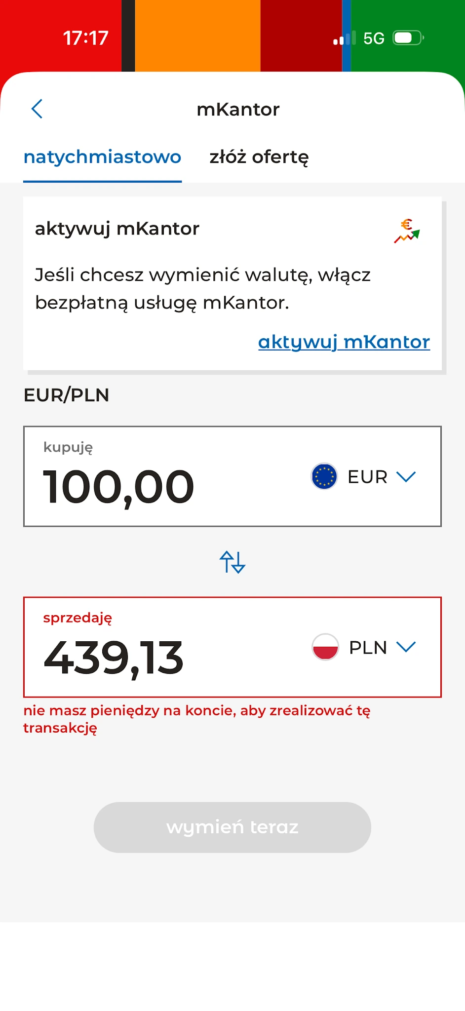 Zakup 100 EUR za PLN w formularzu mKantoru