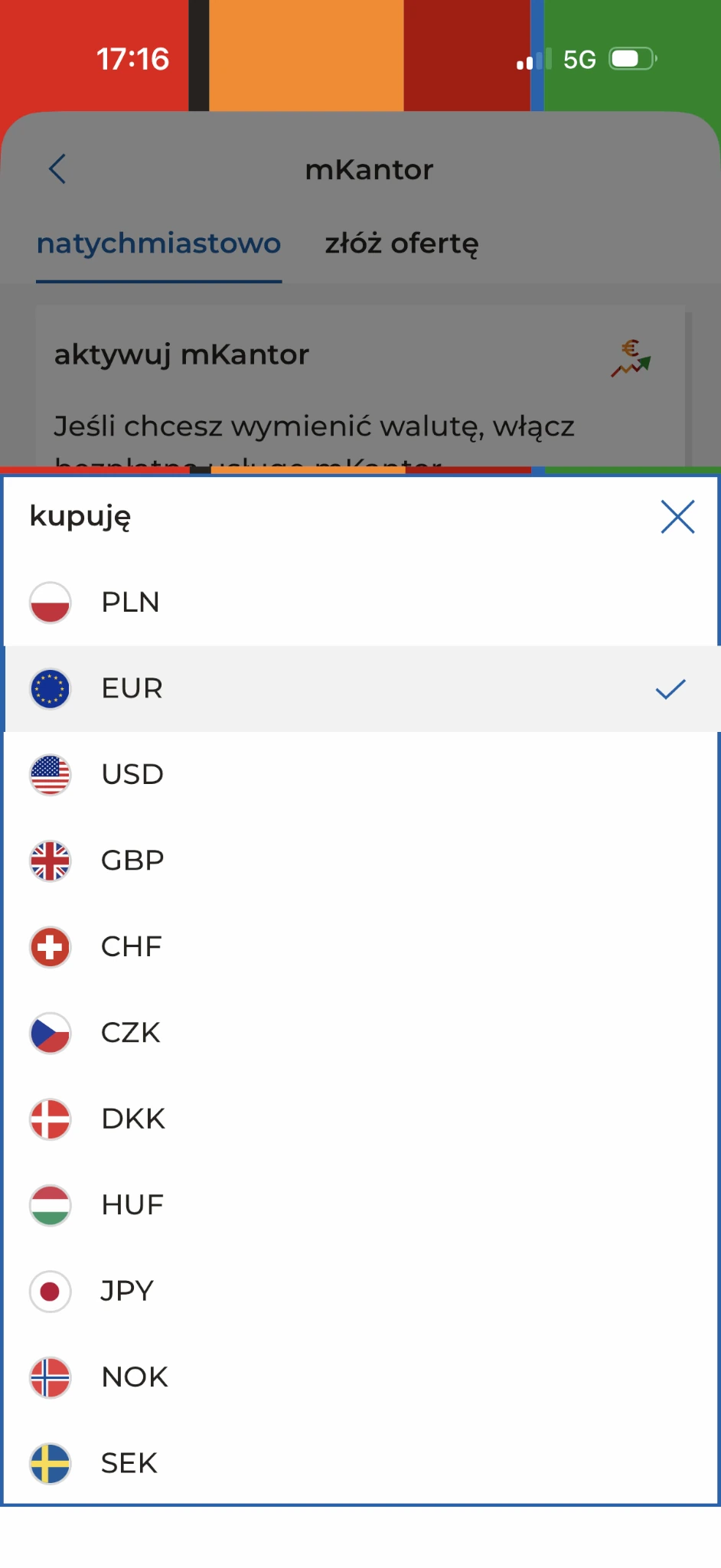 Lista walut dostępnych w formularzu mKantoru