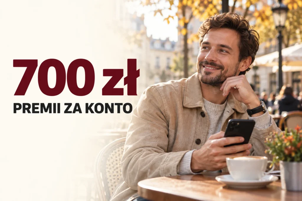 700 zł premii za konto. Mężczyzna z telefonem w kawiarni