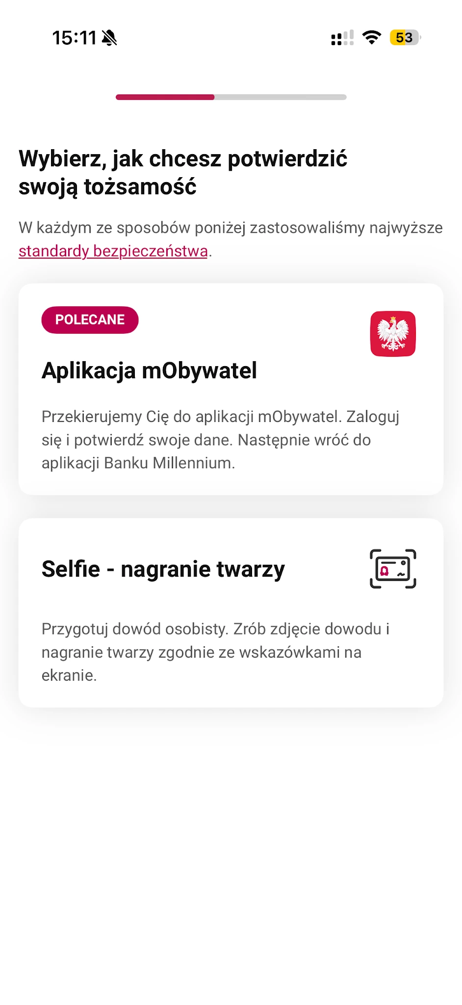 Wybór sposobu potwierdzenia tożsamości w aplikacji Millennium