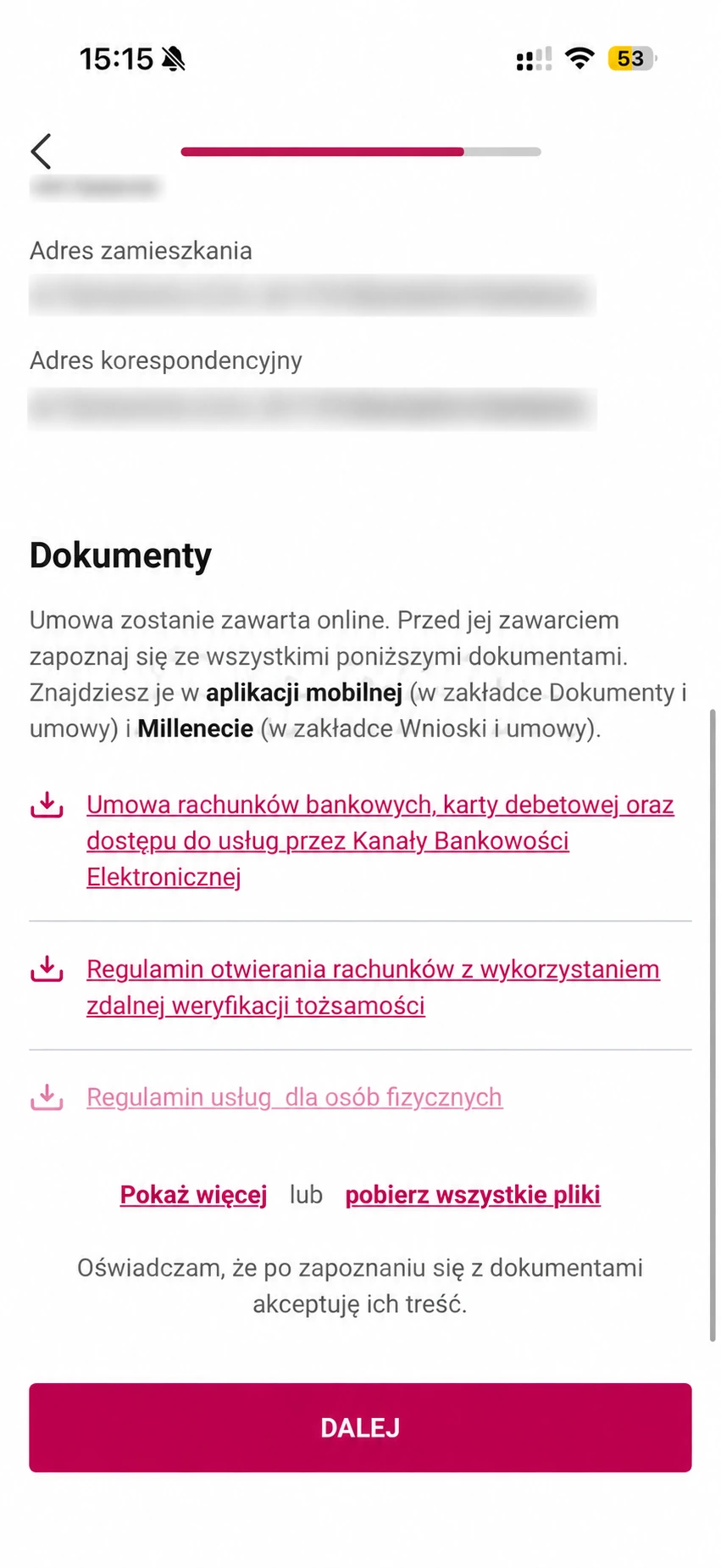 Dokumenty dostępne przed podpisaniem umowy w aplikacji Millennium
