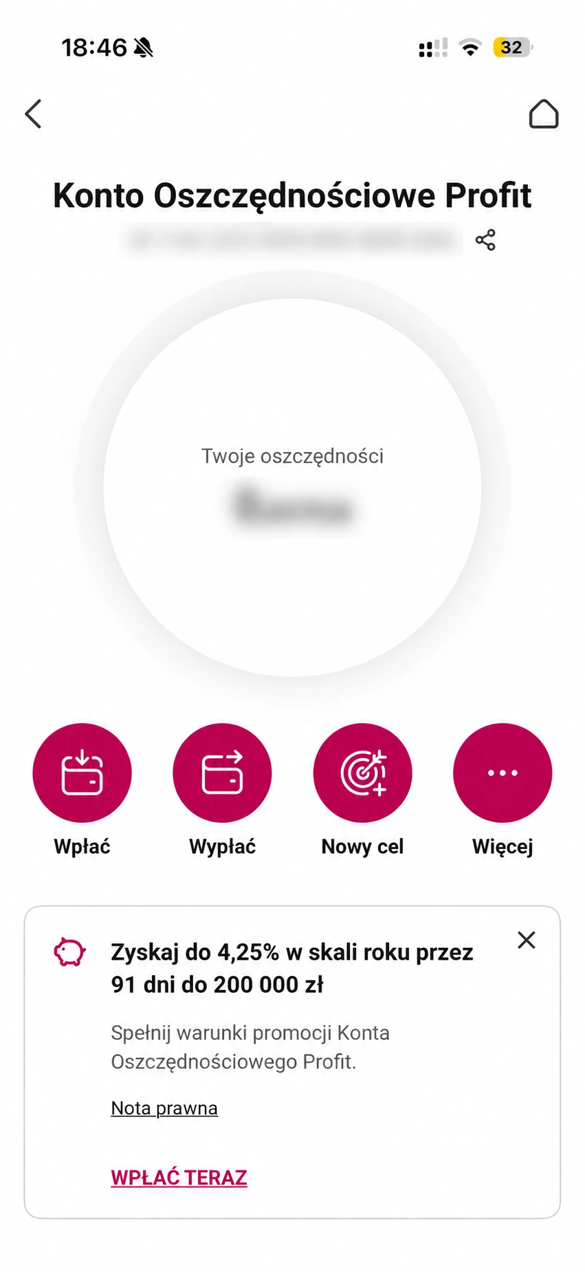 Widok Konta Profit z funkcjami Wpłać i Wypłać w aplikacji Millennium