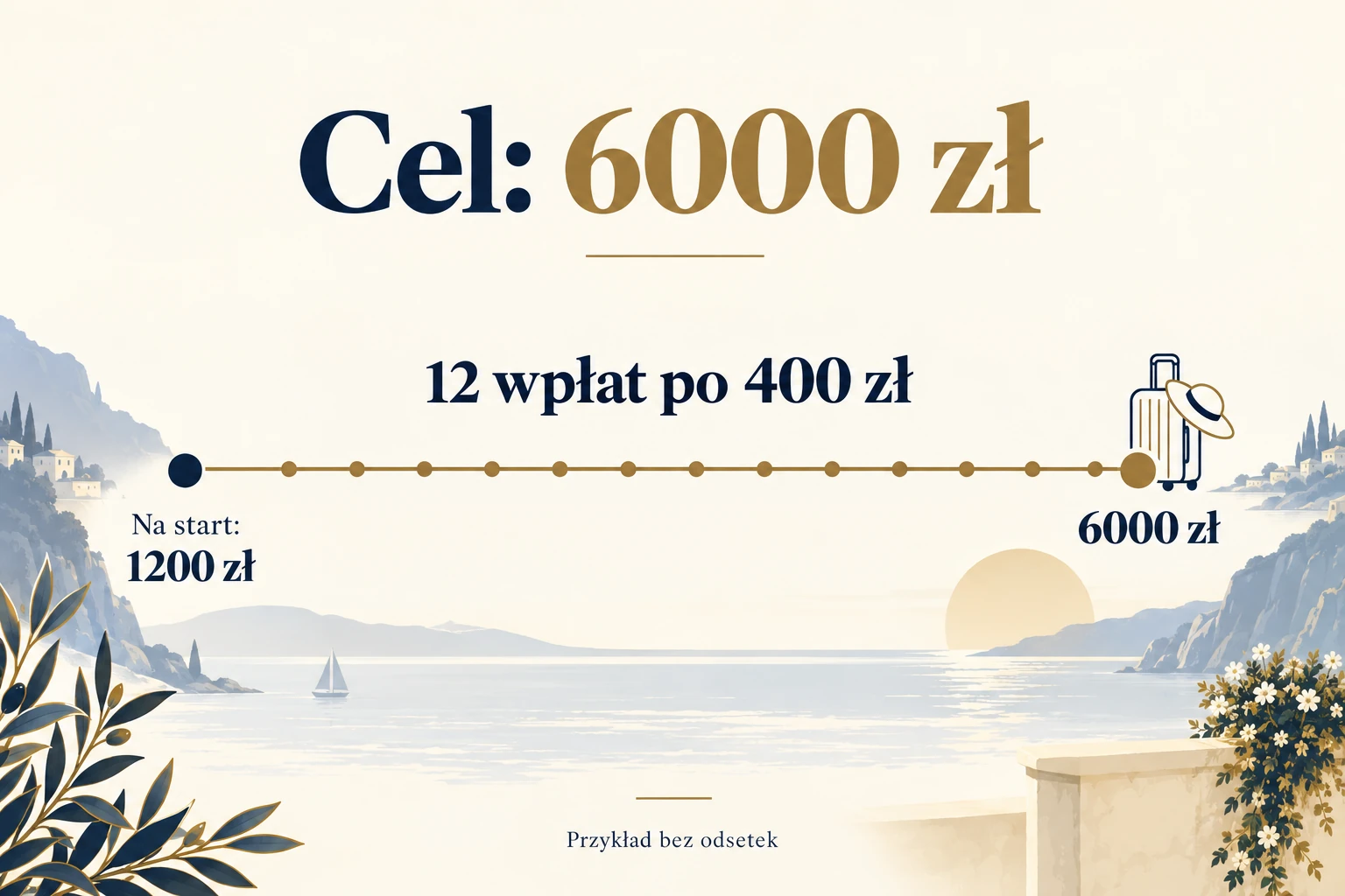 Plan zebrania 6000 zł: początkowe 1200 zł i dwanaście wpłat po 400 zł