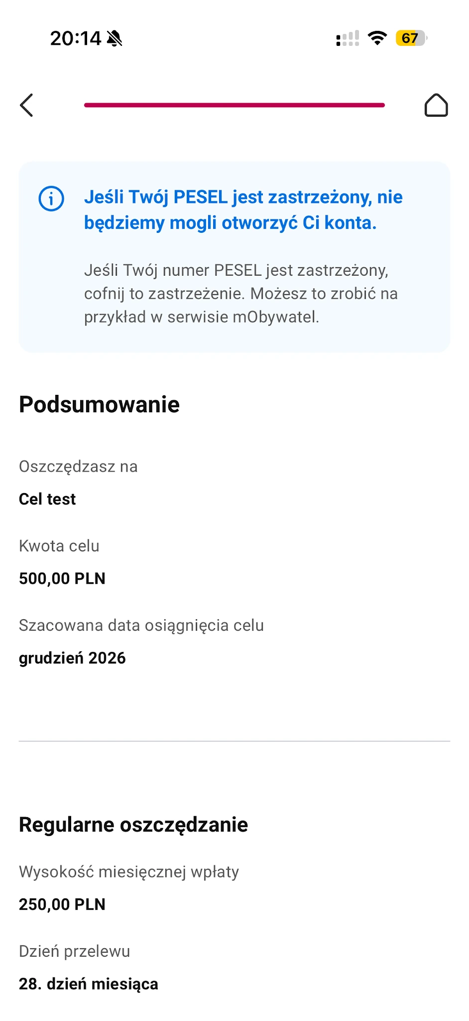 Podsumowanie tworzenia Konta Twój Cel: cel 500 zł i miesięczna wpłata 250 zł