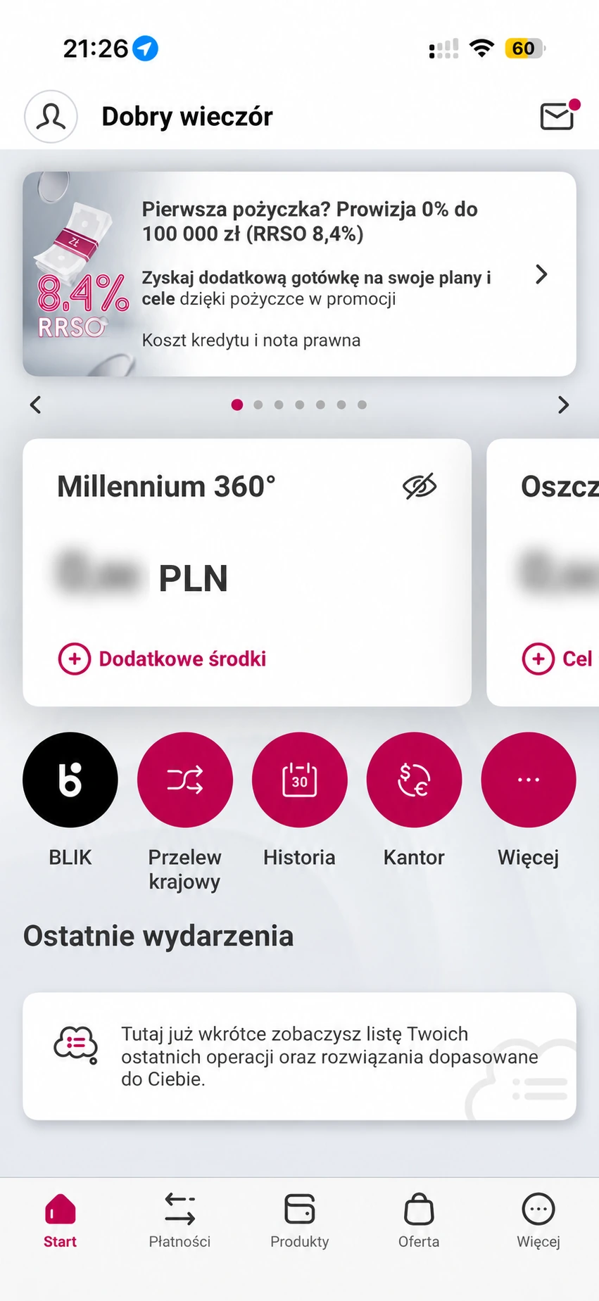 Ekran Start aplikacji Millennium z kafelkiem konta i skrótami BLIK, Przelew krajowy, Historia i Kantor