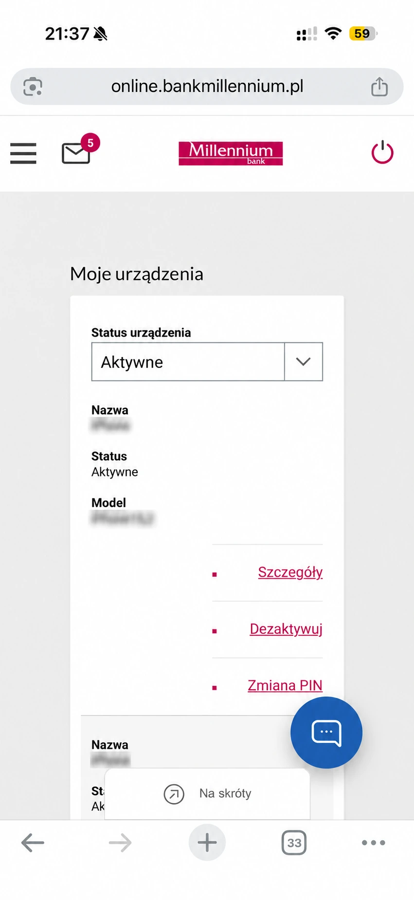 Lista Moje urządzenia w Millenecie otwartym w przeglądarce telefonu