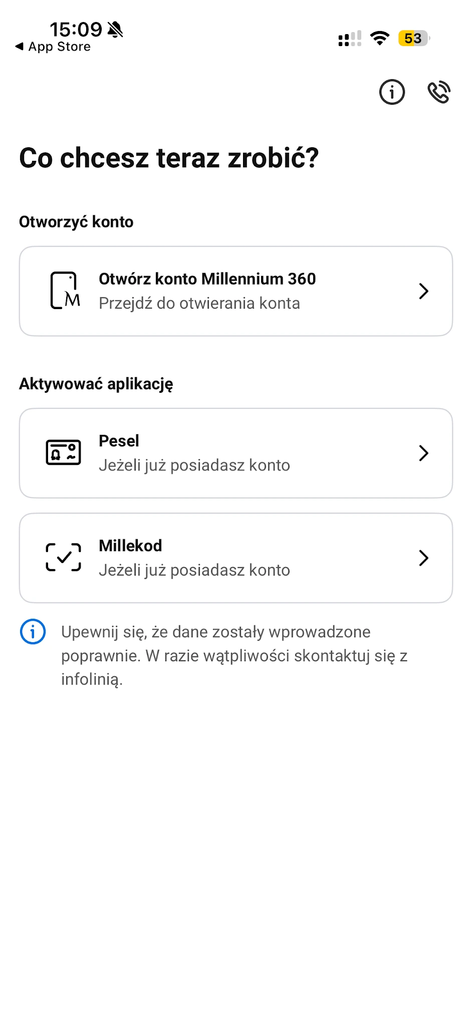 Początek aktywacji aplikacji Millennium z opcjami PESEL i Millekod dla osoby posiadającej konto
