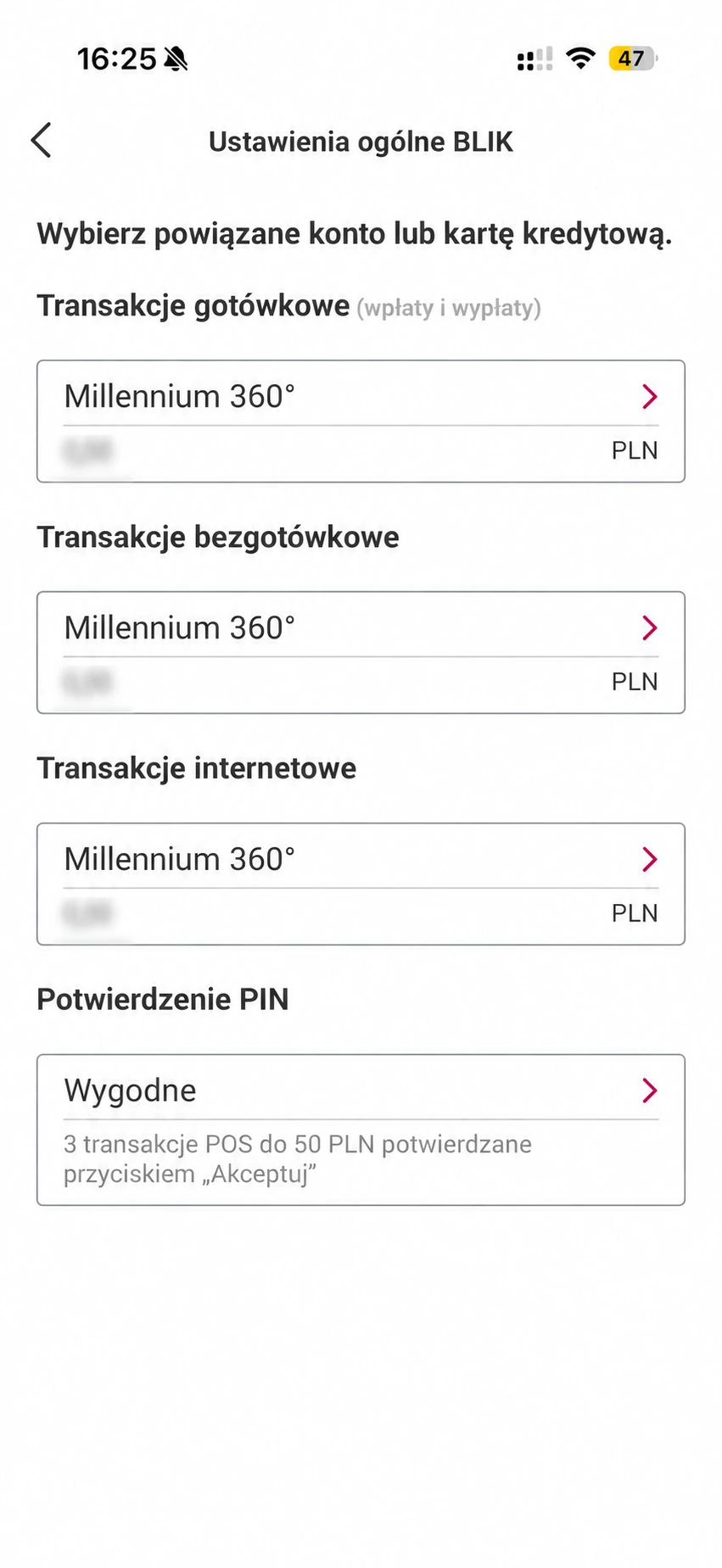 Ustawienia ogólne BLIK z osobnym wyborem rachunku dla gotówki, sklepów stacjonarnych i internetu