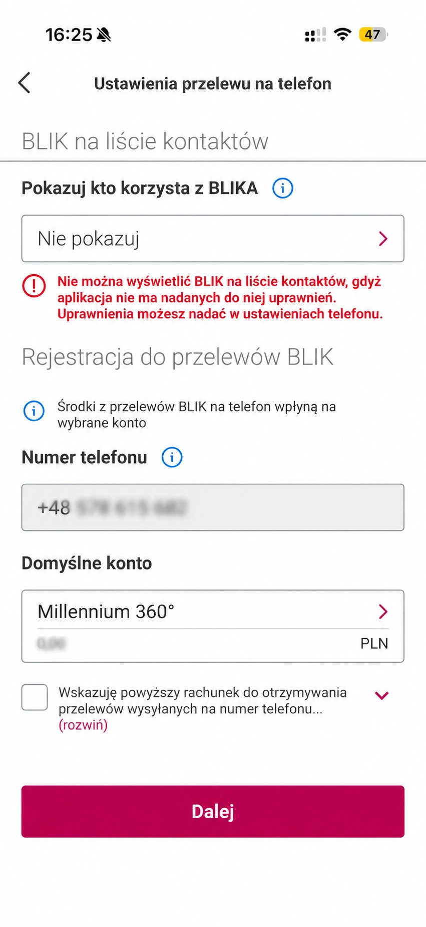 Rejestracja numeru do przelewów BLIK w Millennium z wyborem domyślnego konta i przyciskiem Dalej