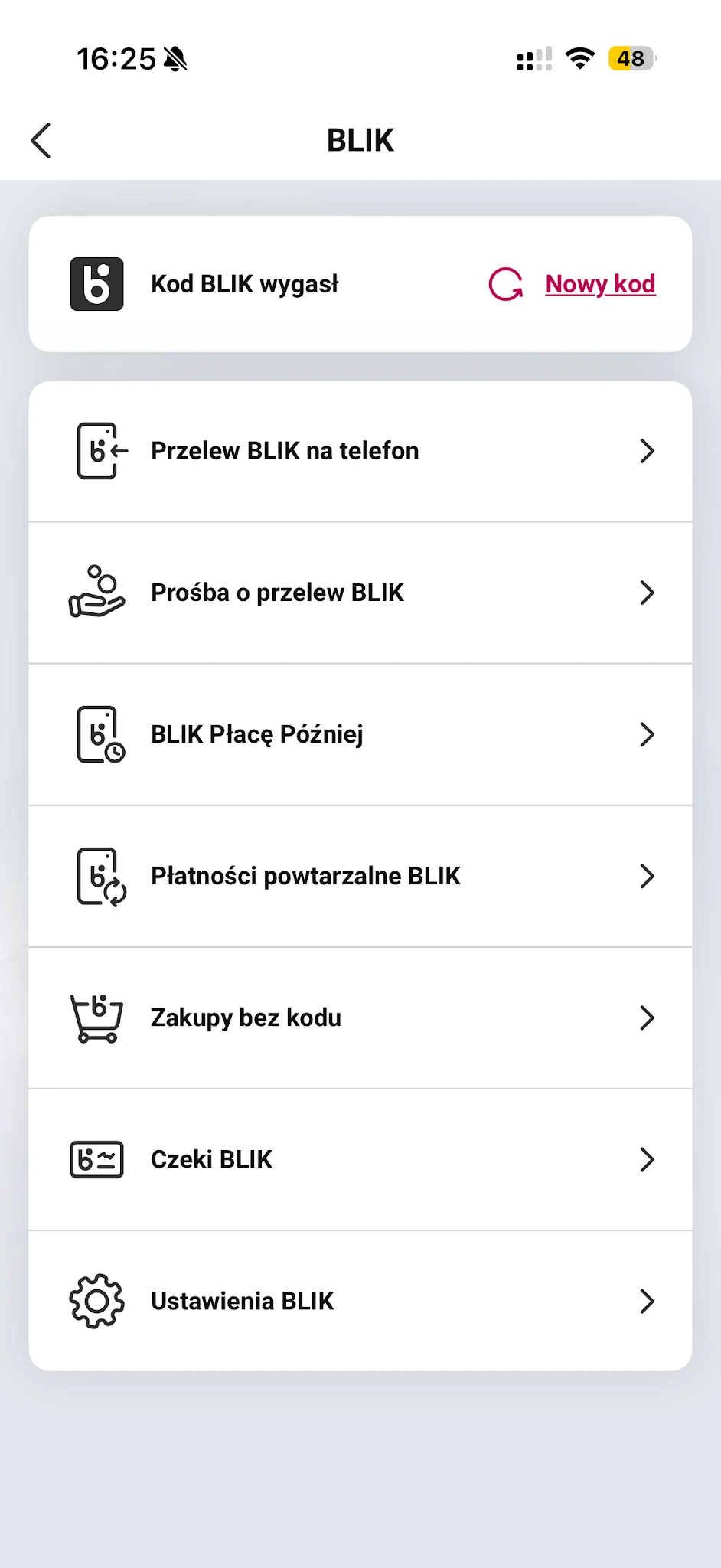 Menu BLIK w aplikacji Millennium z przelewem na telefon, prośbą o przelew i ustawieniami