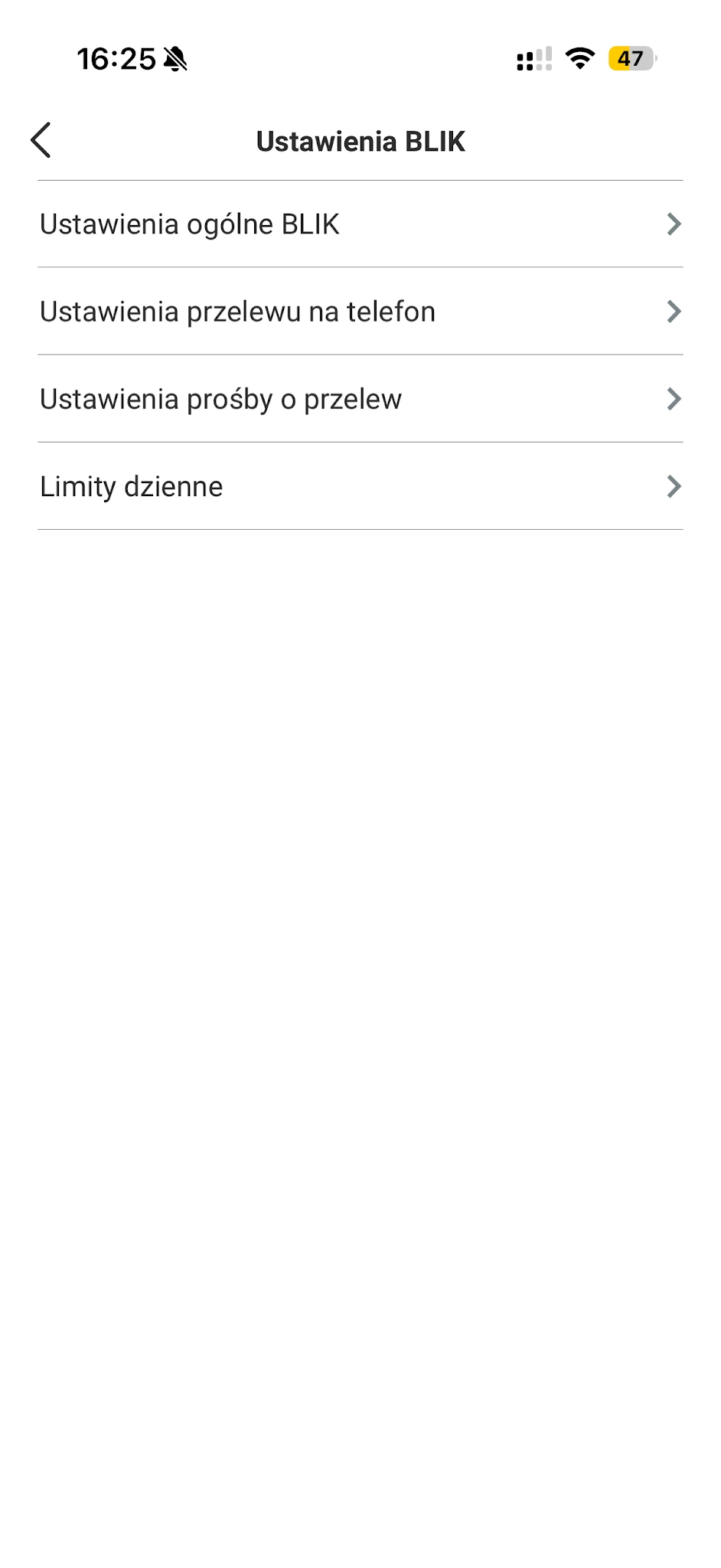 Menu ustawień BLIK w Millennium z ustawieniami ogólnymi, przelewem na telefon i limitami dziennymi
