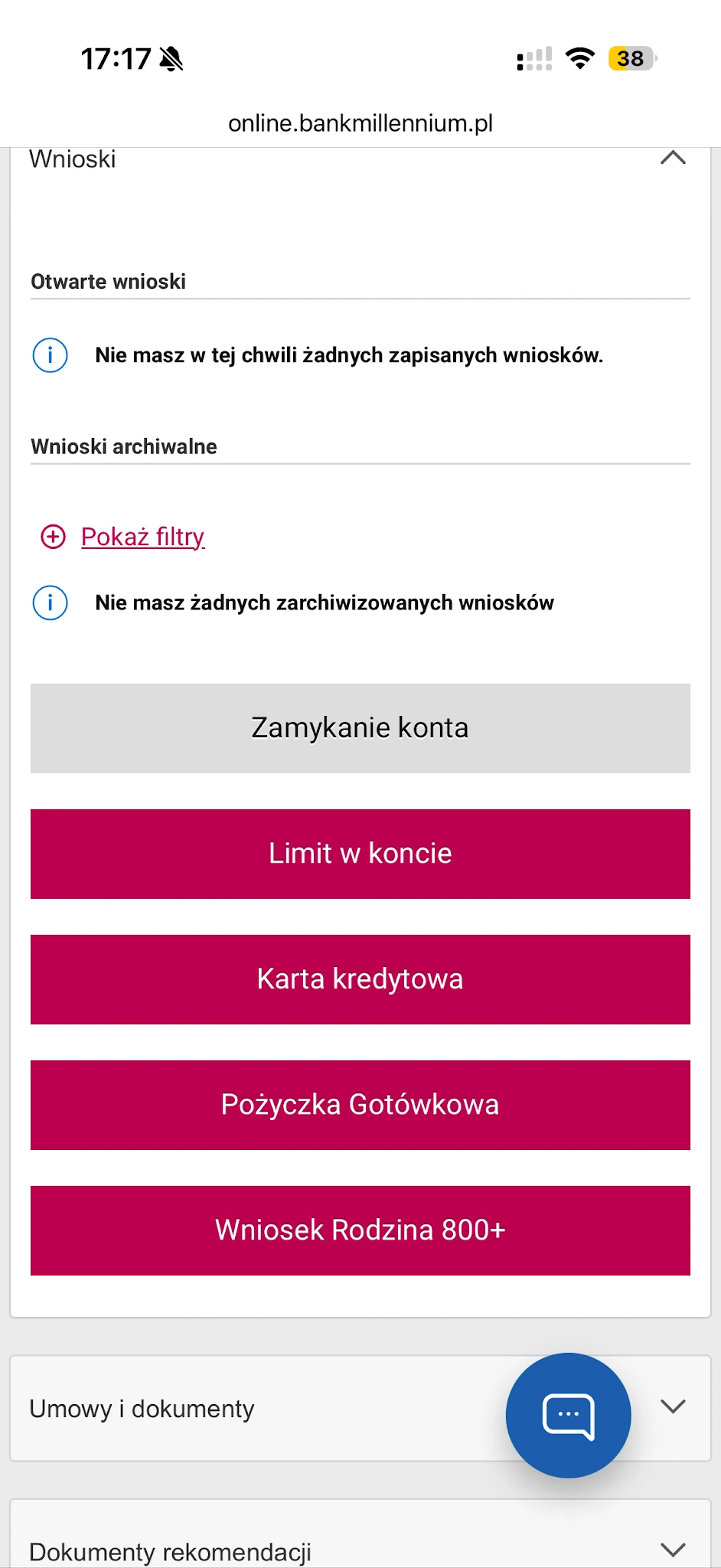 Sekcja Wnioski w Millenecie z przyciskiem Zamykanie konta
