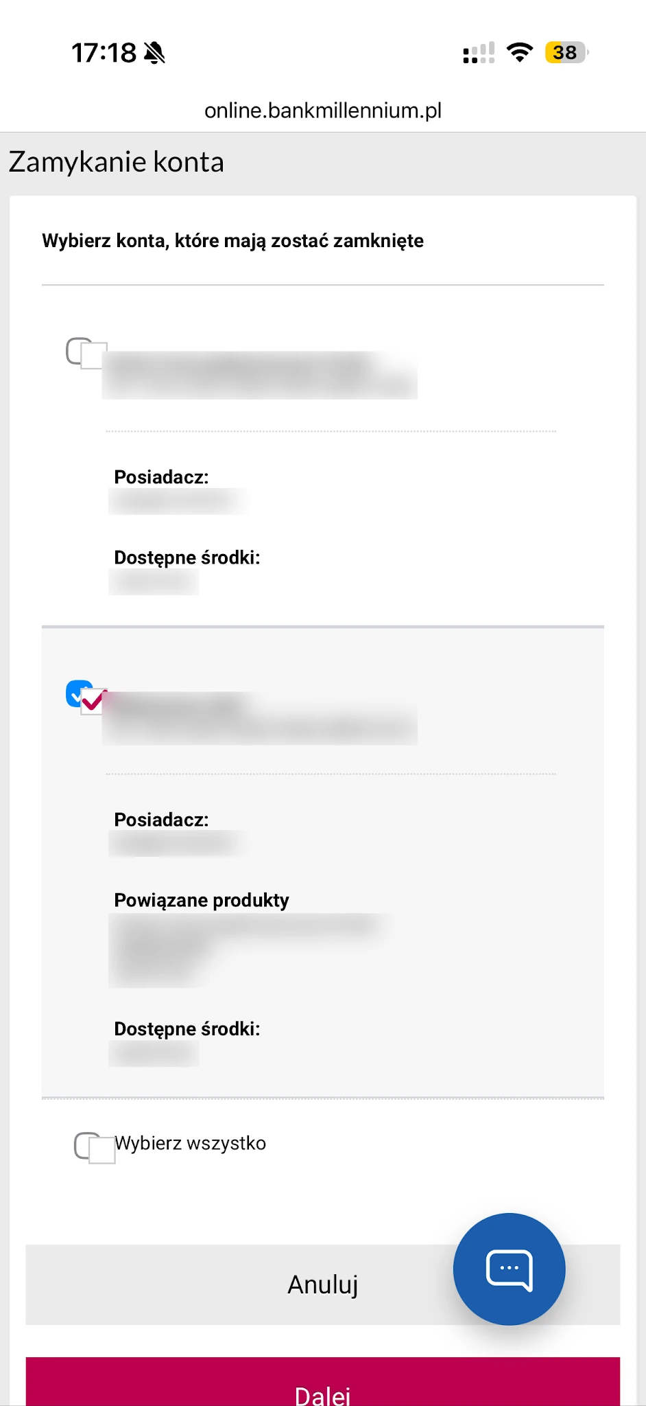 Wybór rachunków do zamknięcia w Millenecie z listą produktów powiązanych