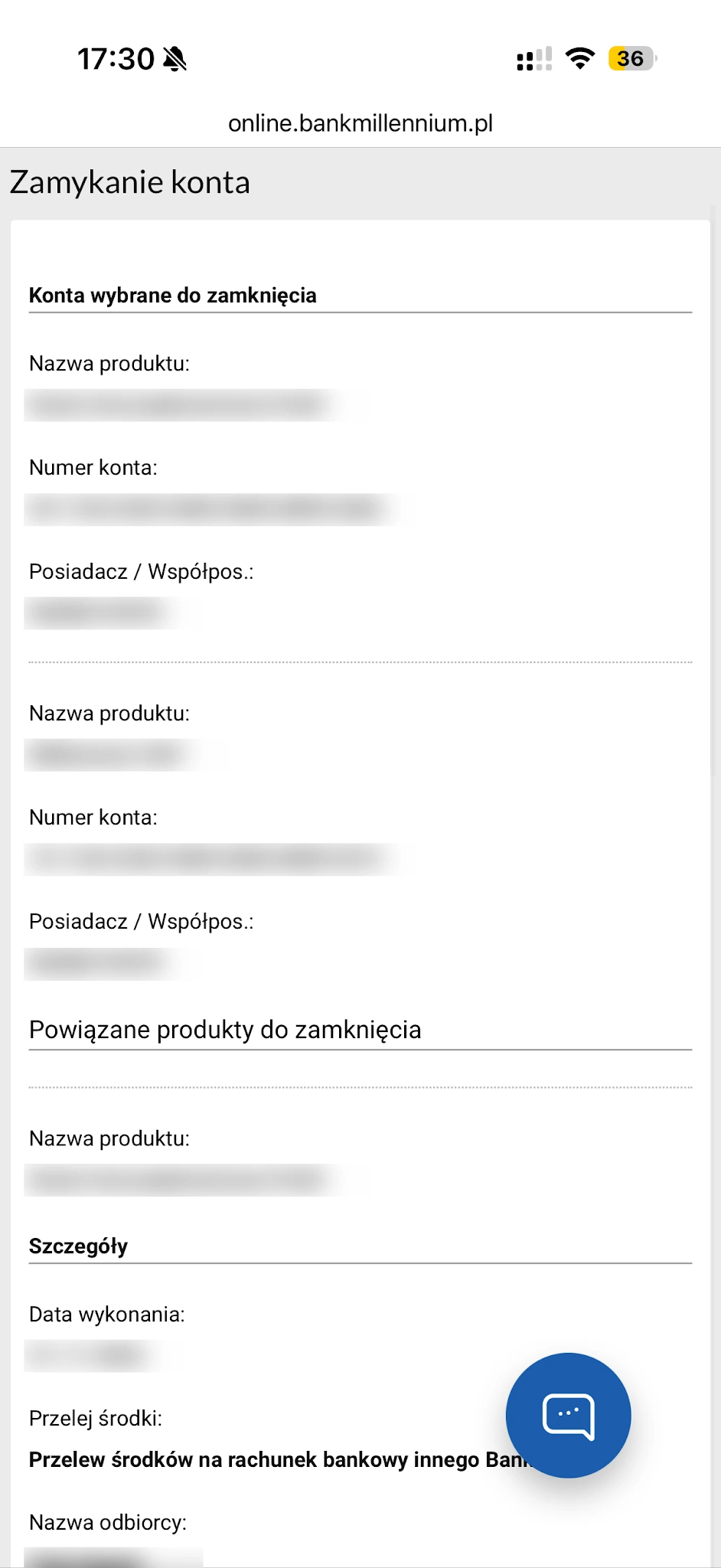 Podsumowanie rachunków i produktów wybranych do zamknięcia w Millenecie
