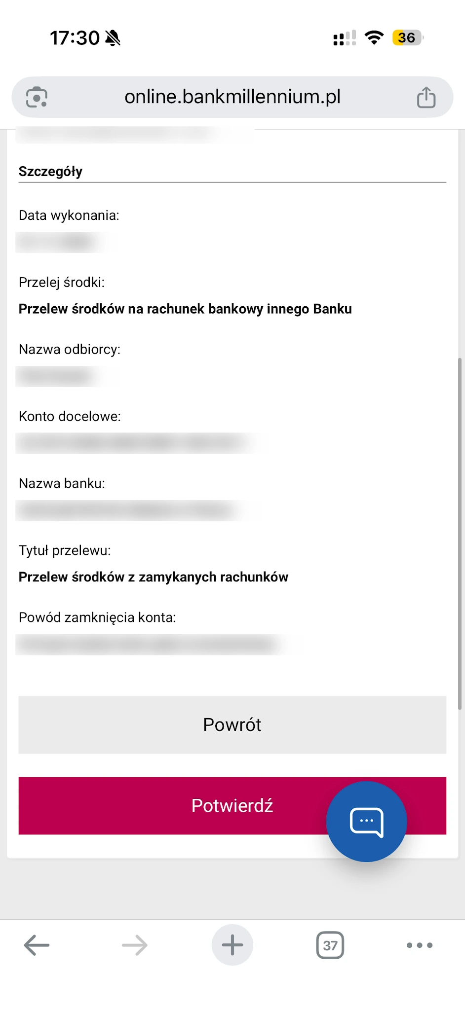 Końcowa część podsumowania zamknięcia konta Millennium z danymi przelewu pozostałych środków