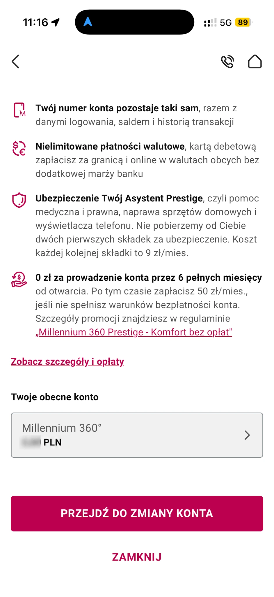 Oferta zmiany konta na Prestige z zachowaniem numeru i linkiem do szczegółów