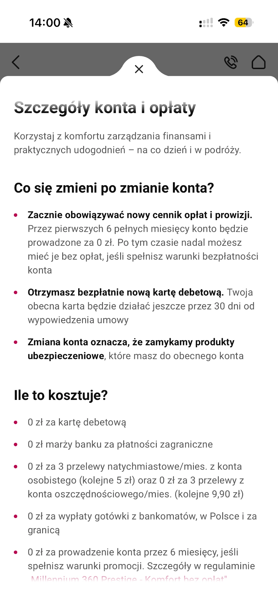 Szczegóły zmiany konta na Millennium 360 Prestige, nowa karta i informacje o ubezpieczeniach