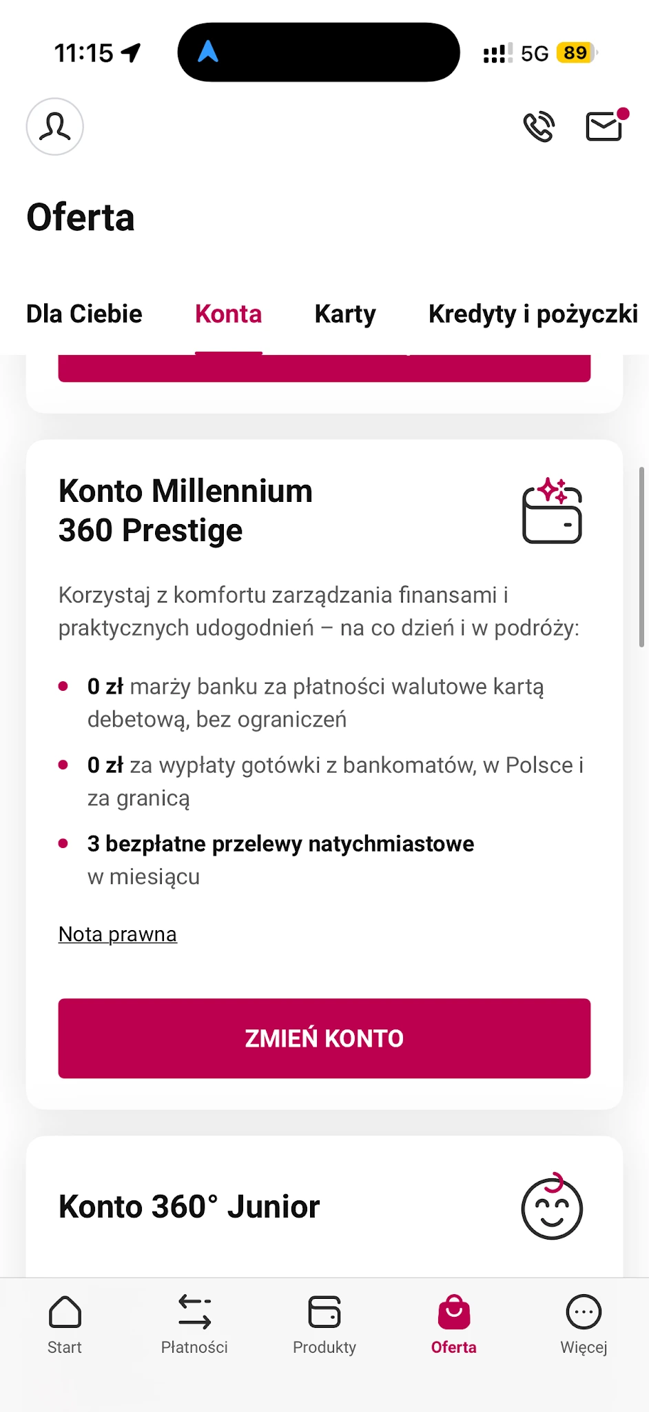 Kafelek Millennium 360 Prestige w zakładce Oferta i Konta aplikacji