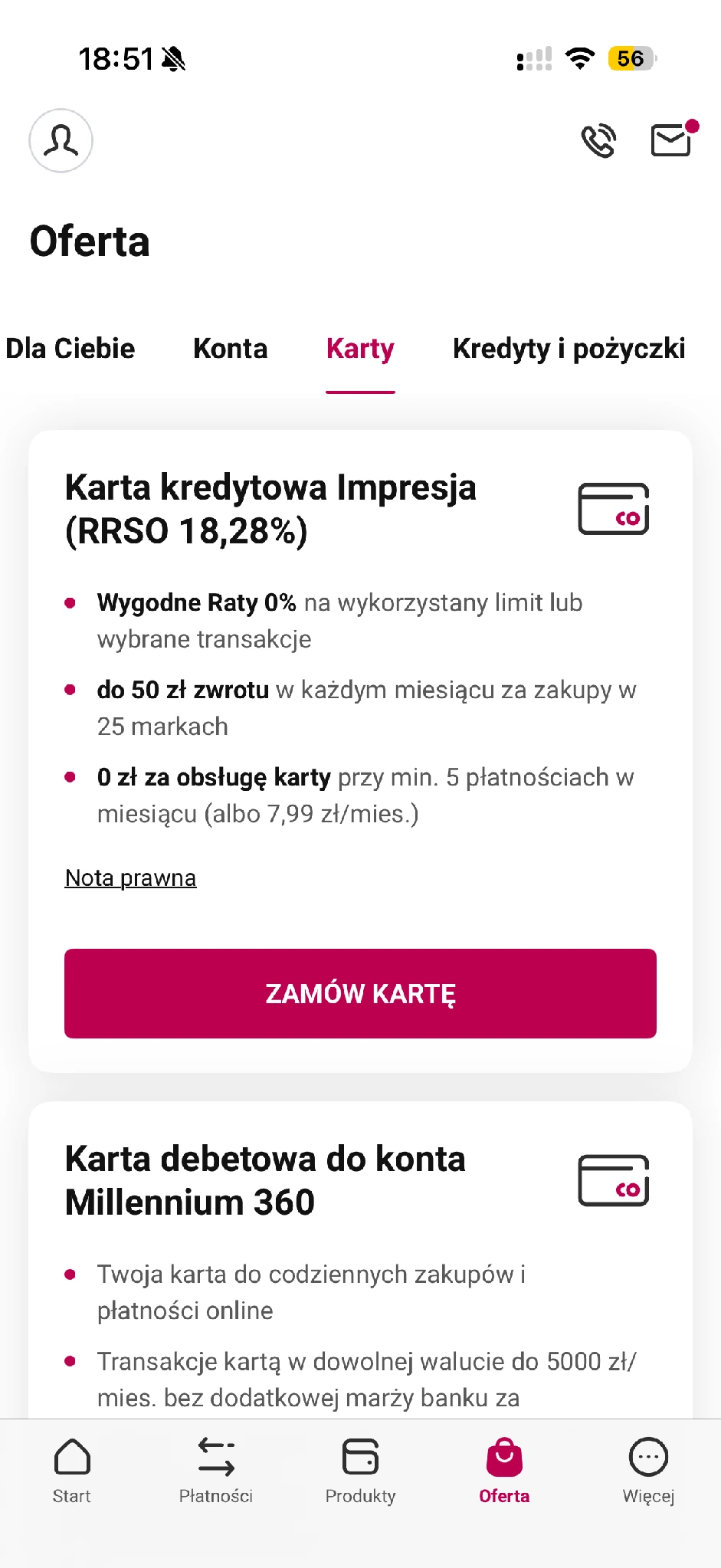 Oferta karty kredytowej Impresja w aplikacji Millennium