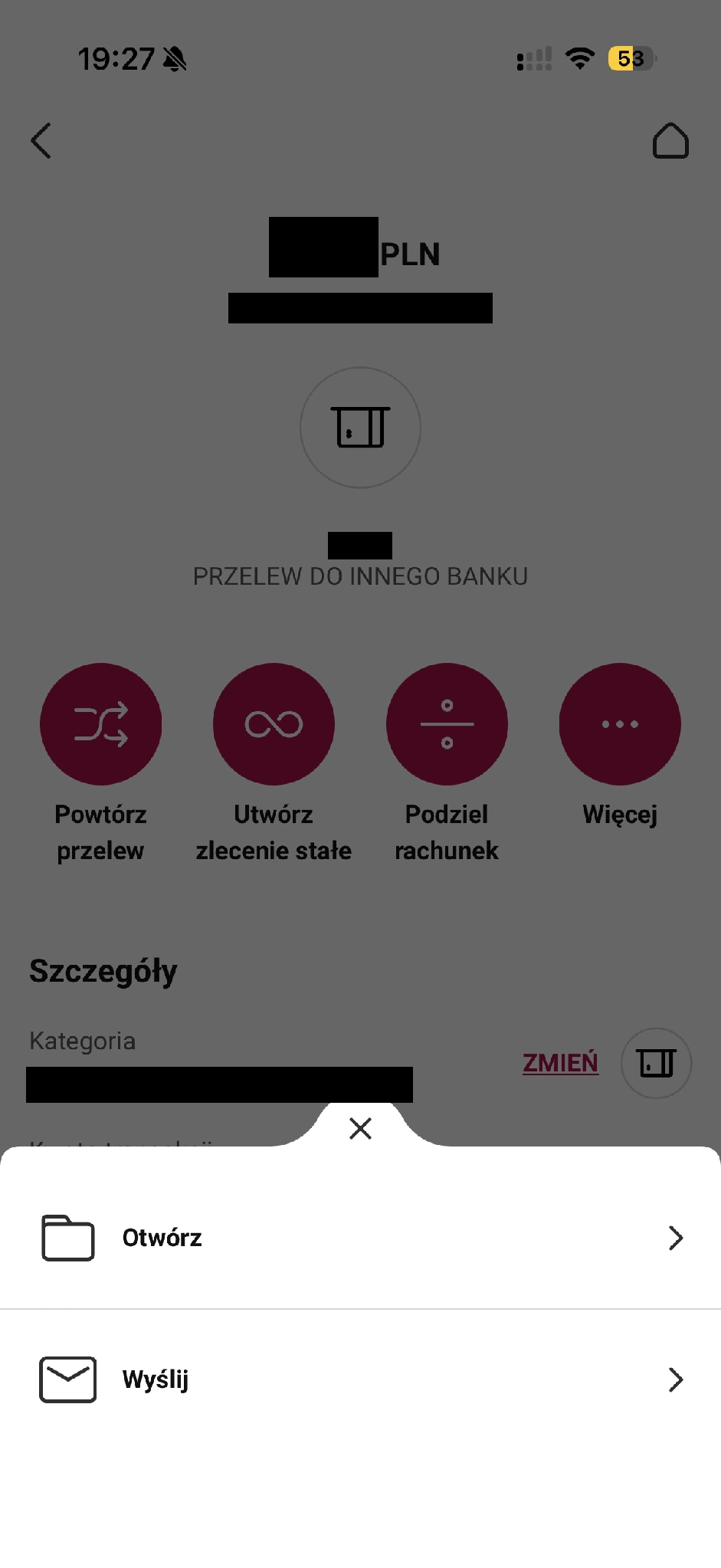 Opcje Otwórz i Wyślij przy potwierdzeniu przelewu Millennium