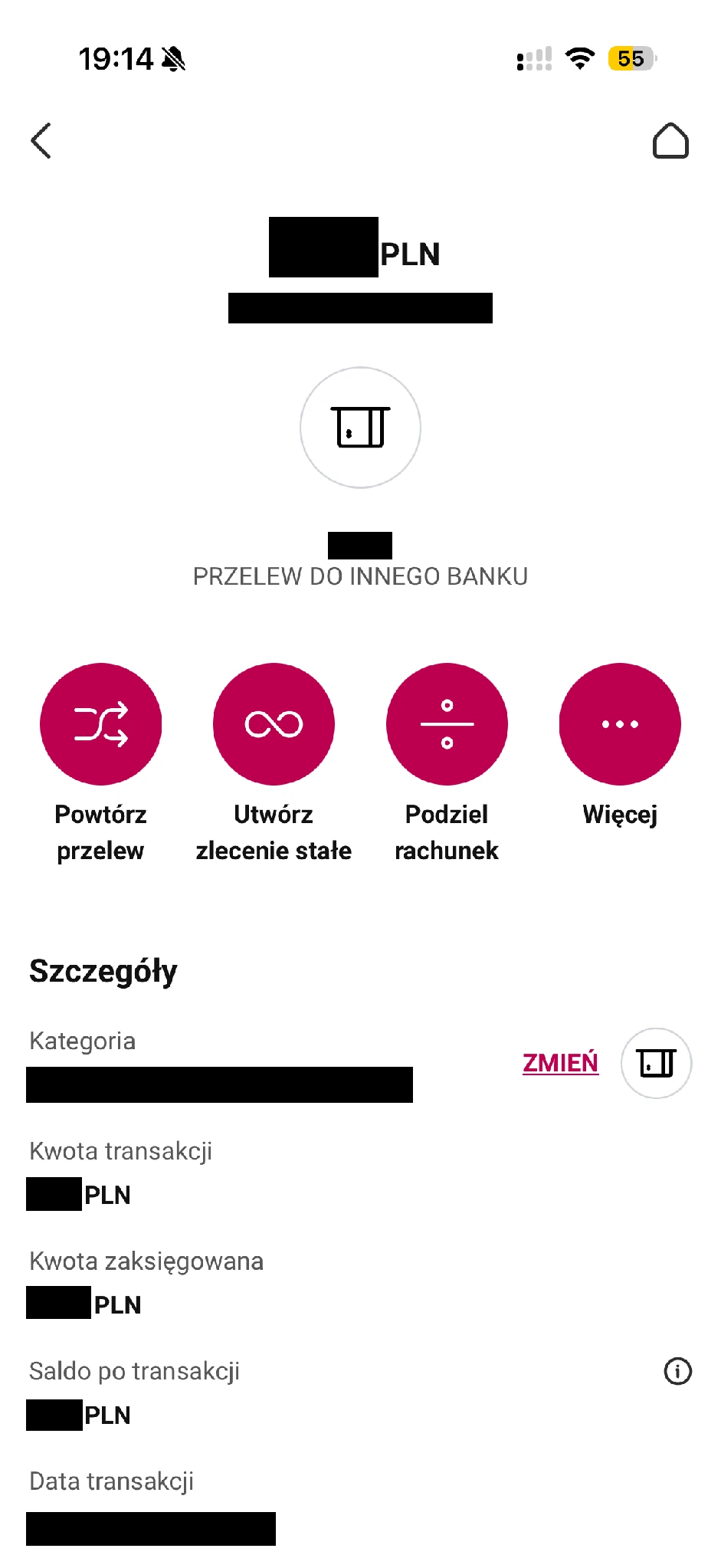 Szczegóły przelewu w aplikacji Millennium z przyciskiem Więcej