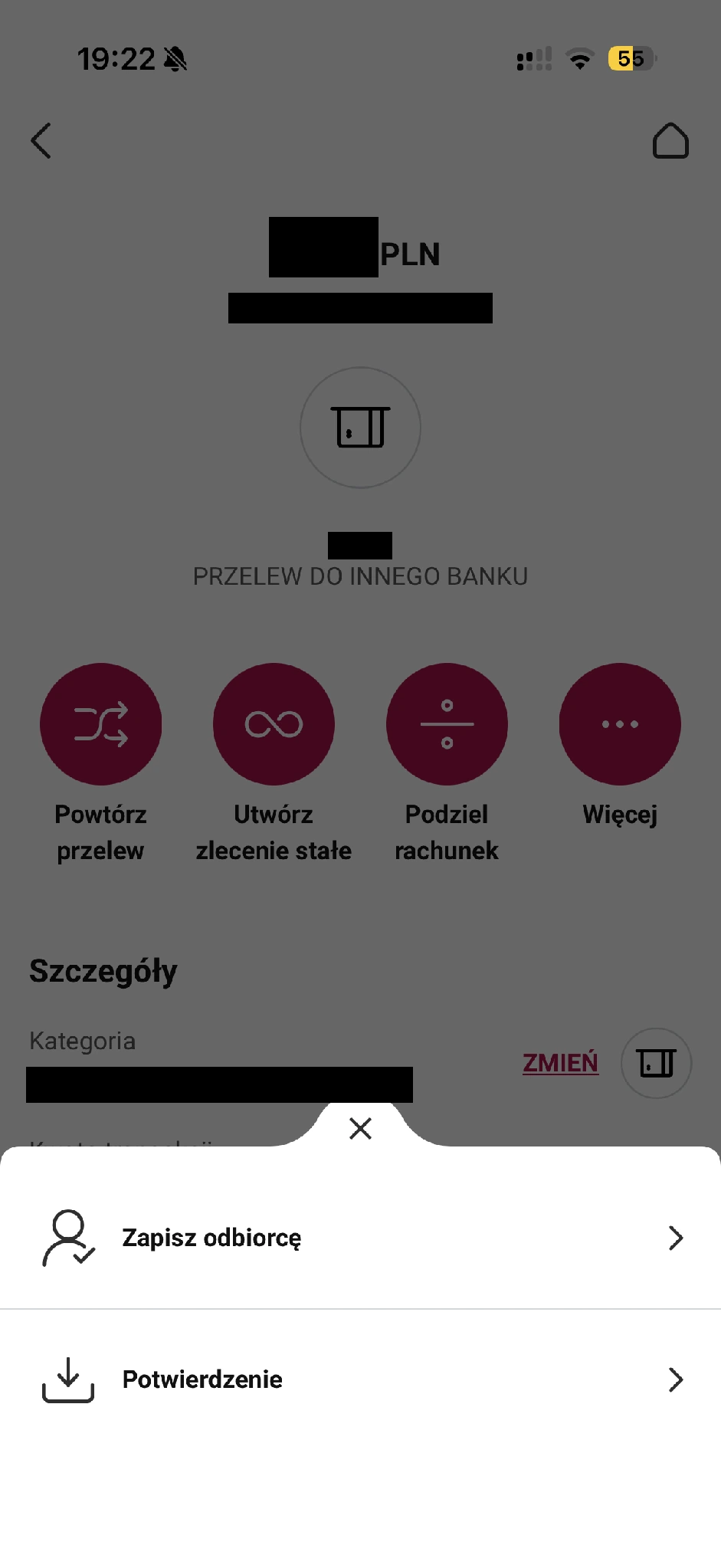 Menu Więcej z pozycją Potwierdzenie w aplikacji Millennium