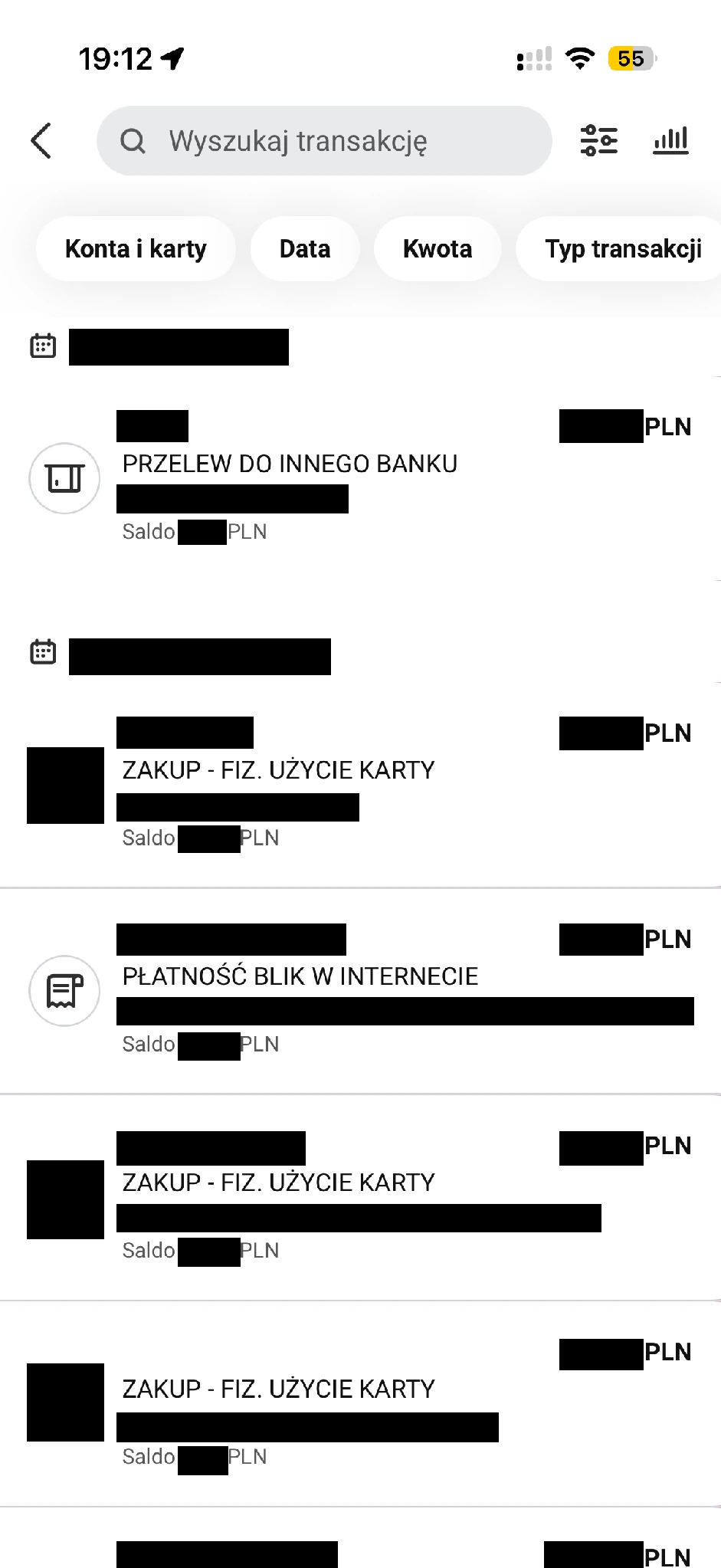 Historia transakcji Millennium z filtrami konta, daty, kwoty i typu transakcji