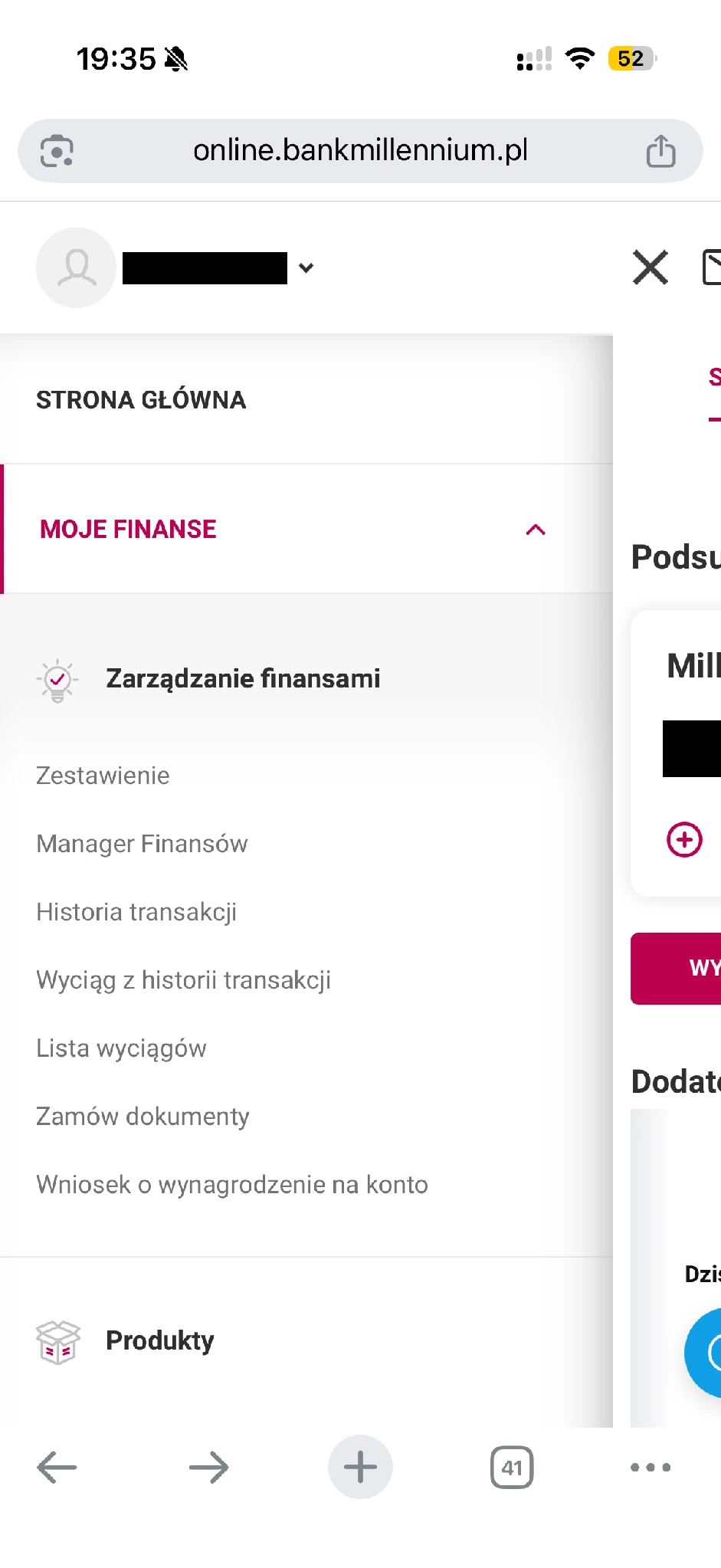 Rozwinięta sekcja Moje finanse w Millenecie z pozycją Lista wyciągów
