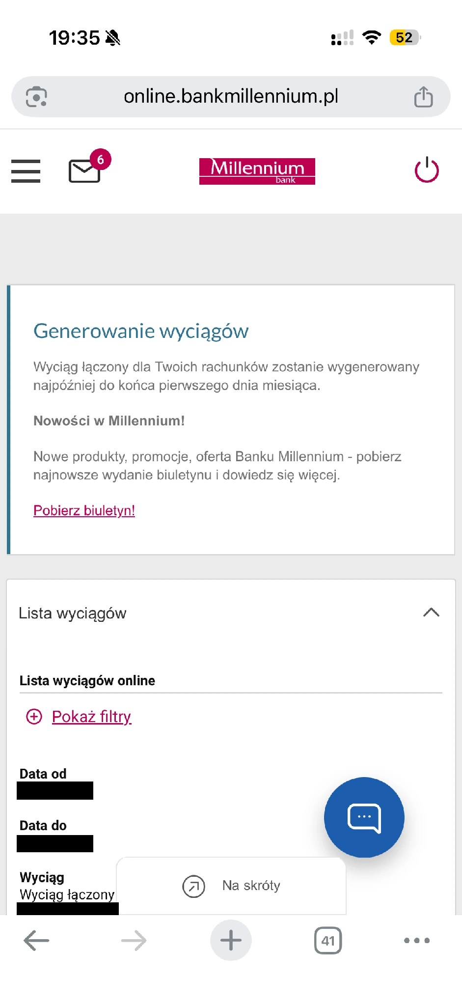 Lista wyciągów w Millenecie z opcją Pokaż filtry i informacją o generowaniu dokumentów