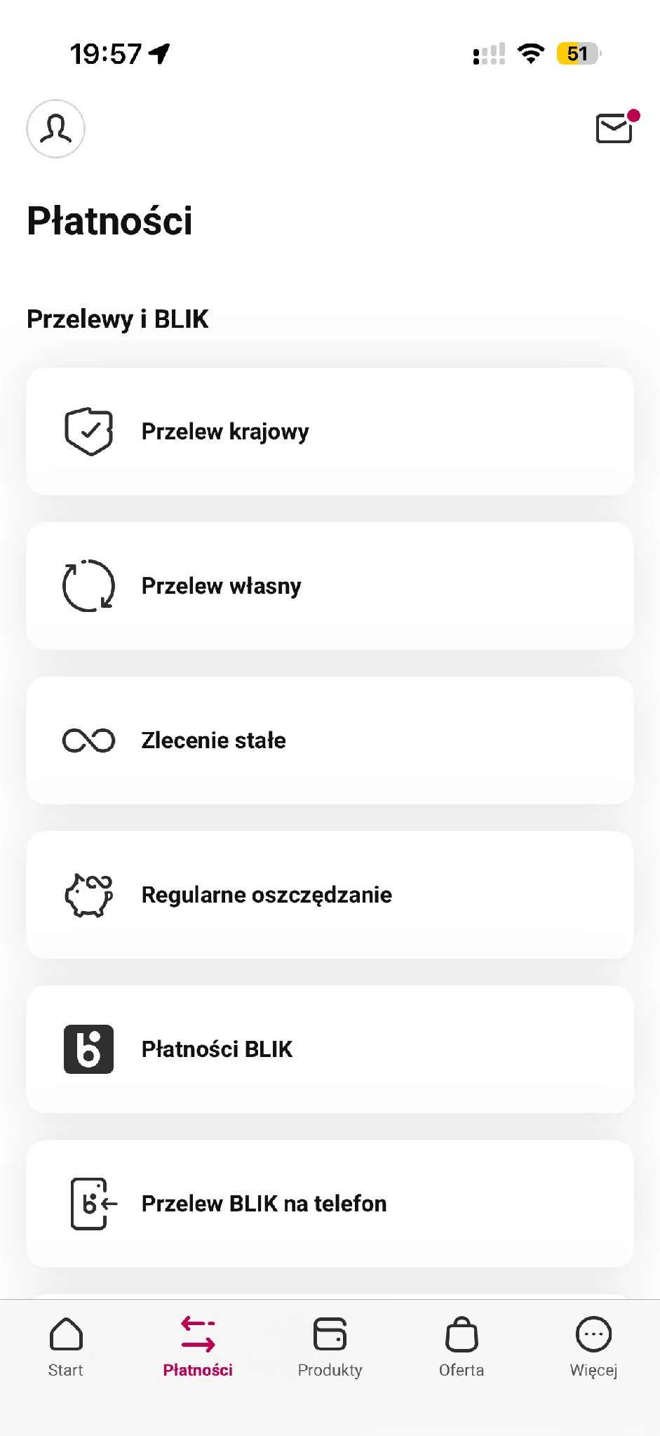 Menu Płatności w aplikacji Millennium z opcją Zlecenie stałe